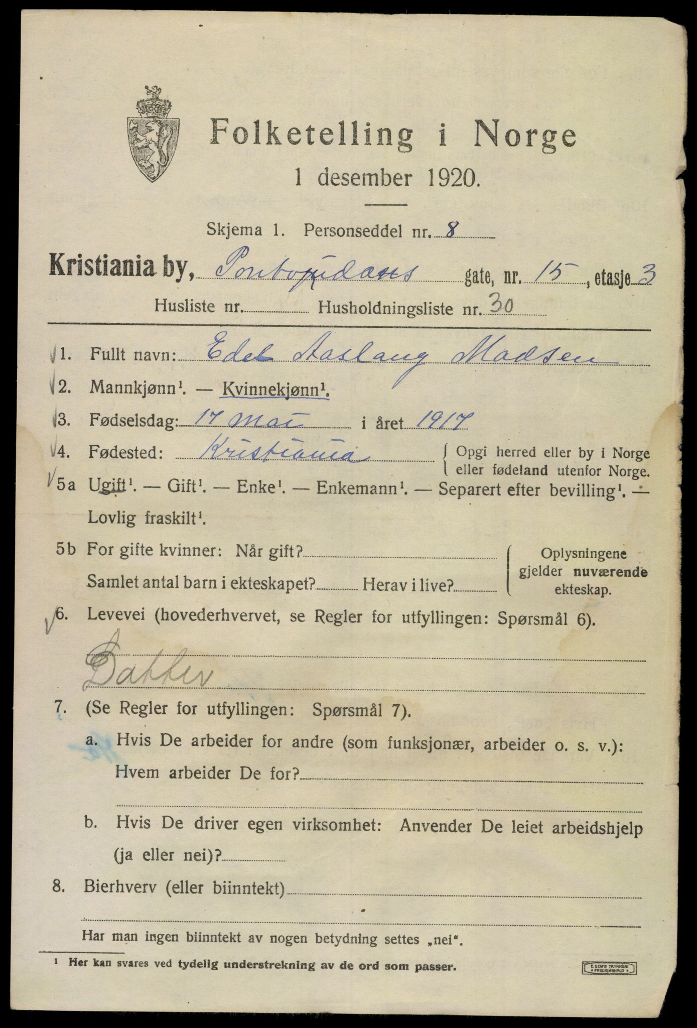 SAO, 1920 census for Kristiania, 1920, p. 458493