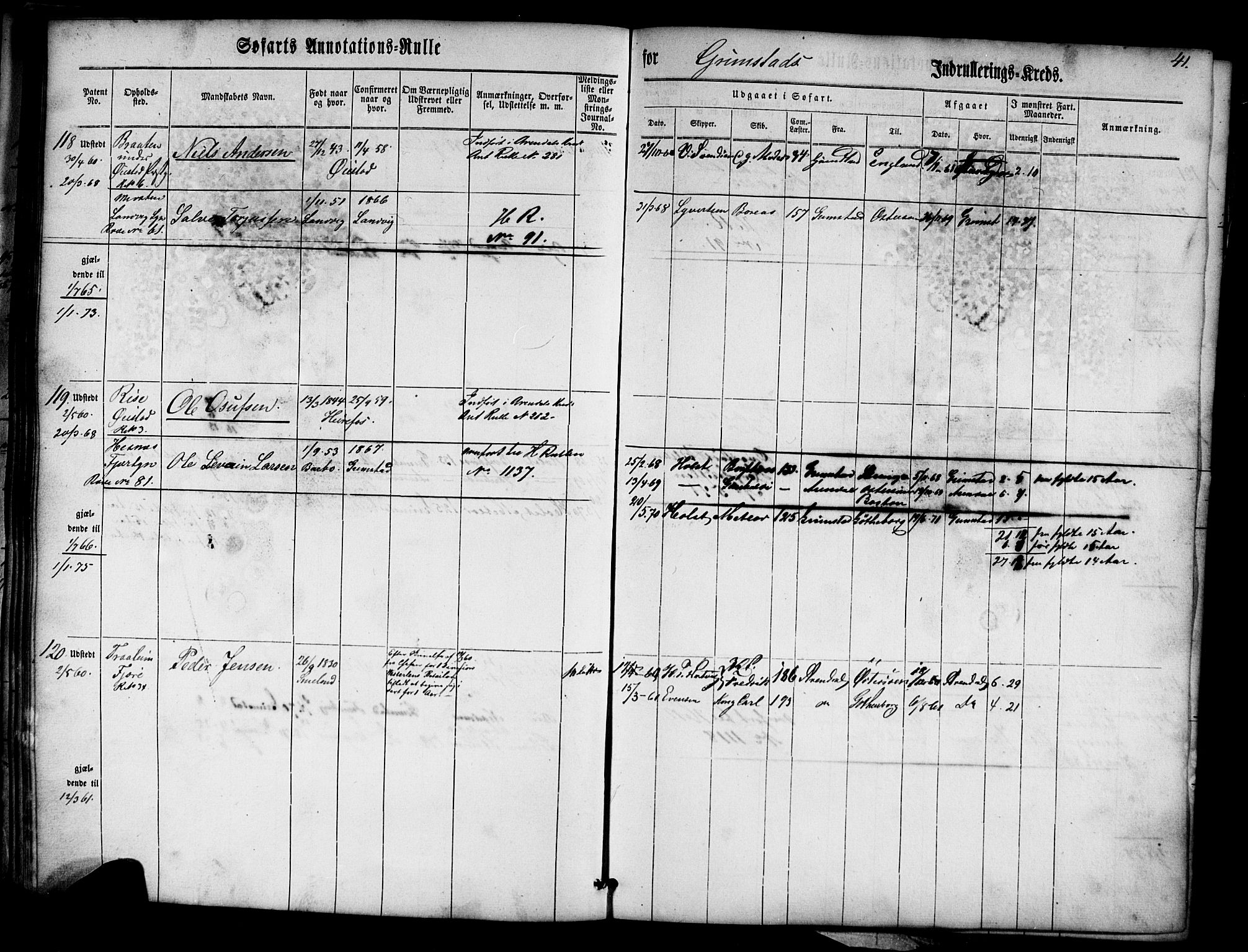 Grimstad mønstringskrets, SAK/2031-0013/F/Fa/L0004: Annotasjonsrulle nr 1-435 med register, V-17, 1860-1867, p. 60