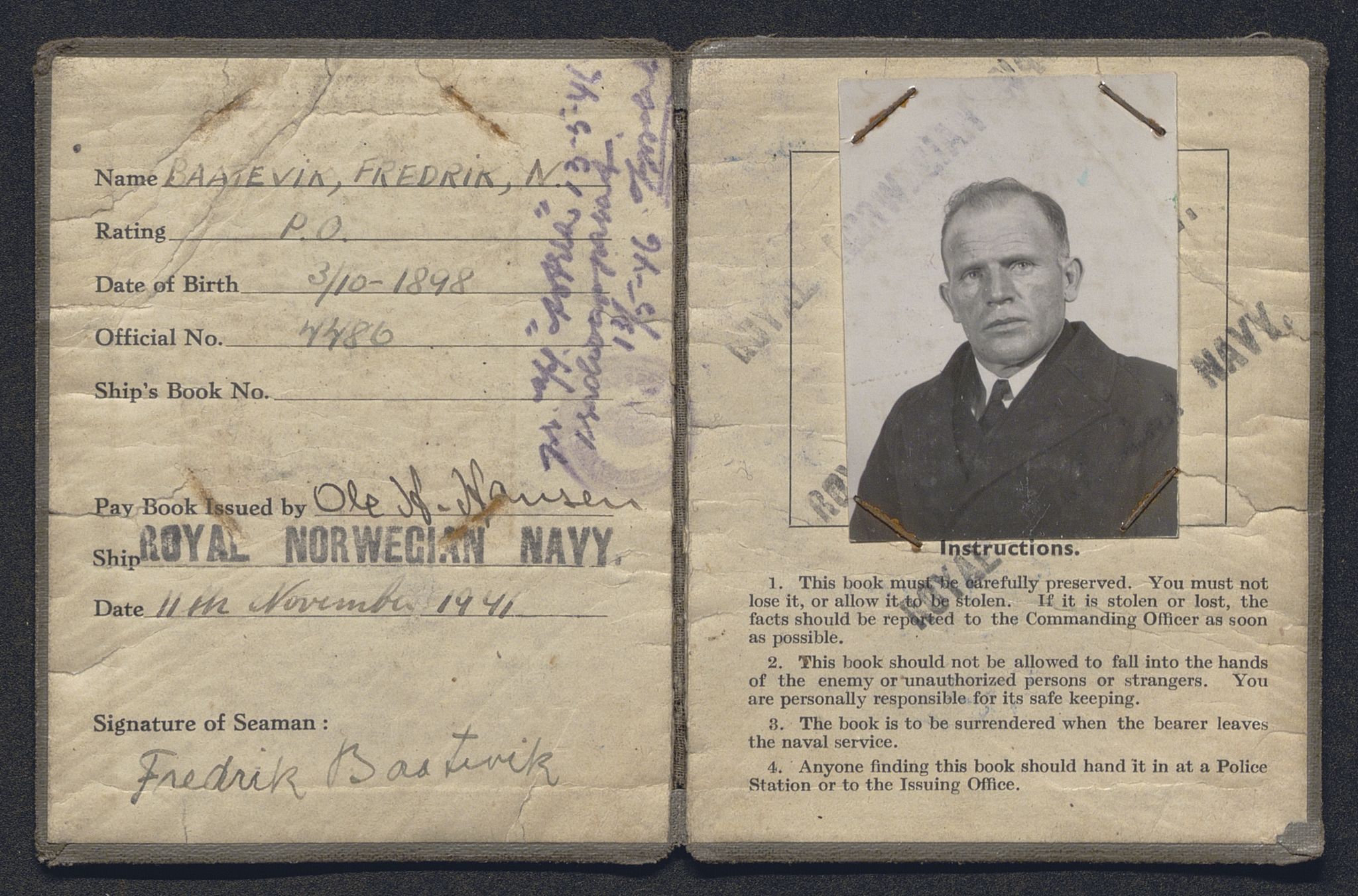 Forsvaret, Handelsflåtens selvforsvar, AV/RA-RAFA-2038/D/Da/L0013: Sailor's Identity Books, 1941-1945, p. 2