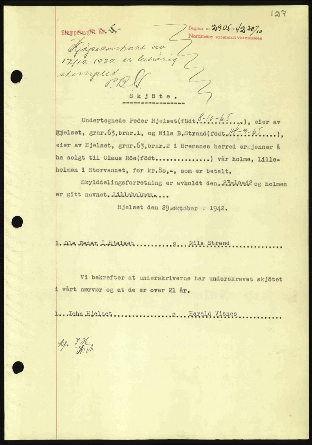 Nordmøre sorenskriveri, AV/SAT-A-4132/1/2/2Ca: Mortgage book no. A94, 1942-1943, Diary no: : 2905/1942