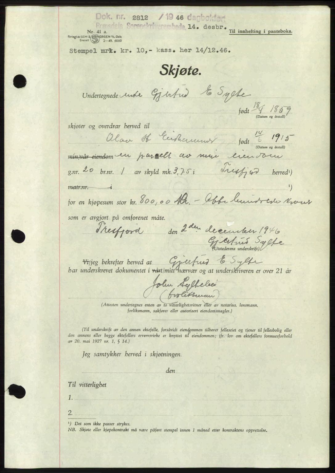 Romsdal sorenskriveri, AV/SAT-A-4149/1/2/2C: Mortgage book no. A21, 1946-1946, Diary no: : 2812/1946