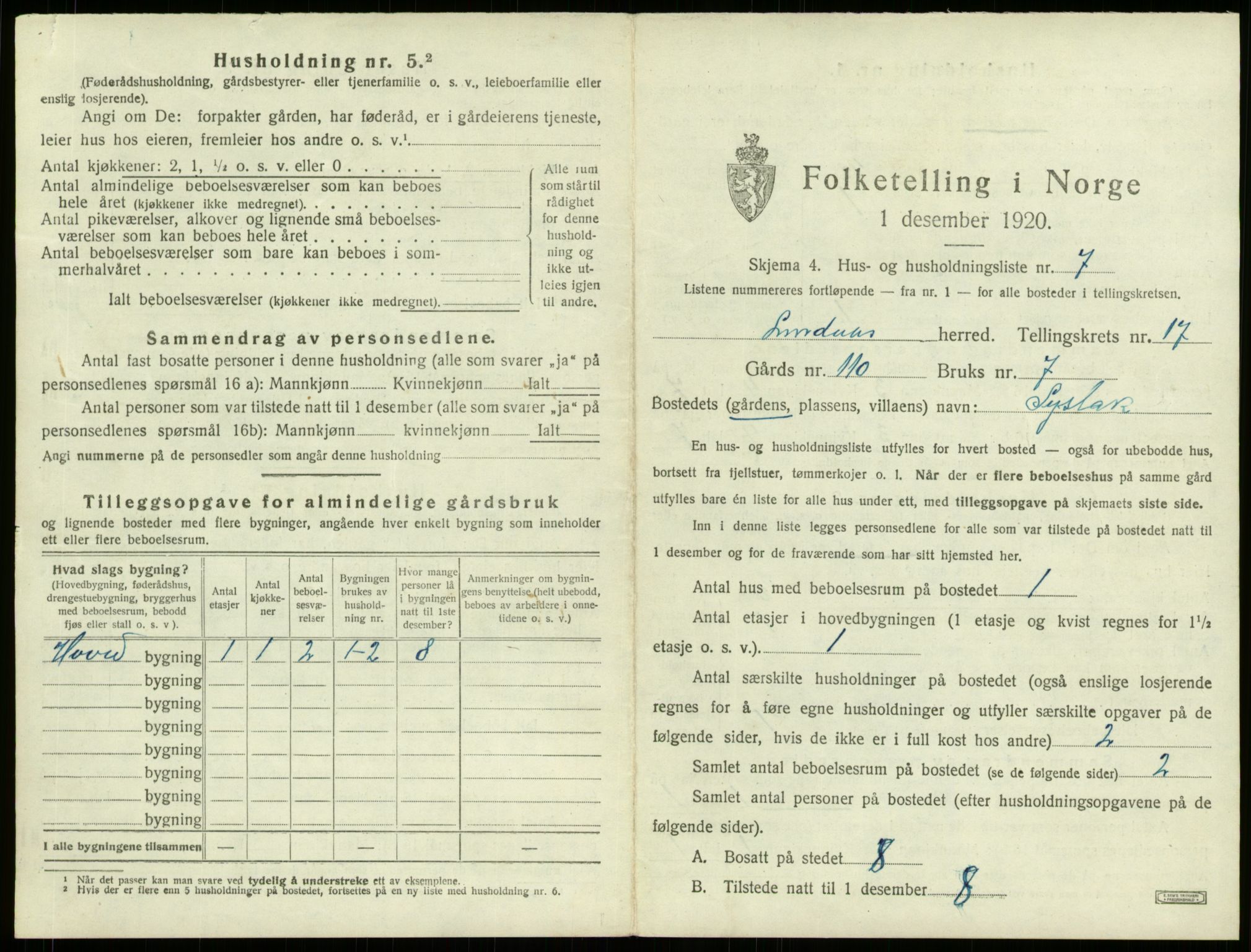 SAB, 1920 census for Lindås, 1920, p. 1233