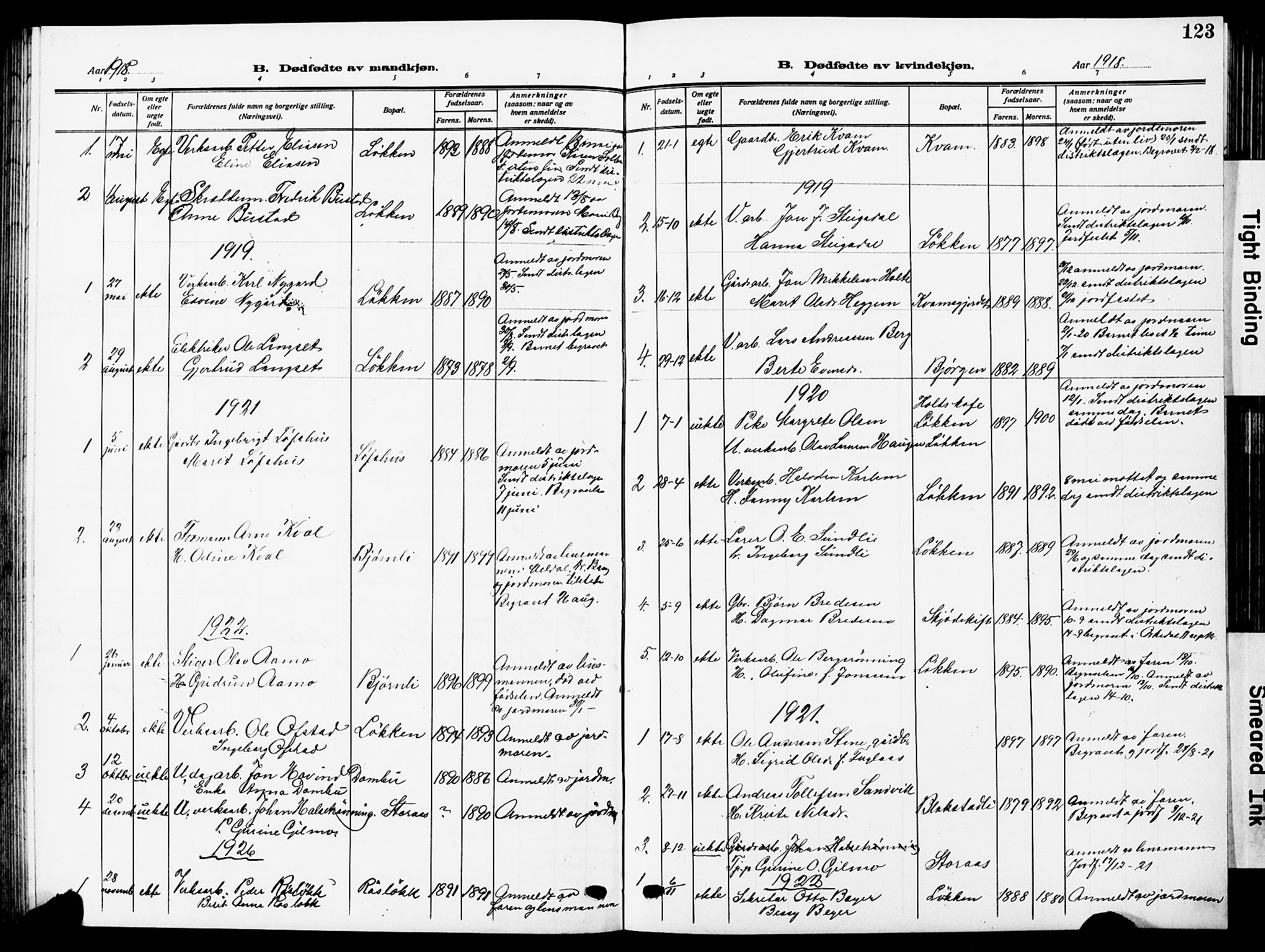 Ministerialprotokoller, klokkerbøker og fødselsregistre - Sør-Trøndelag, AV/SAT-A-1456/672/L0865: Parish register (copy) no. 672C04, 1914-1928, p. 123