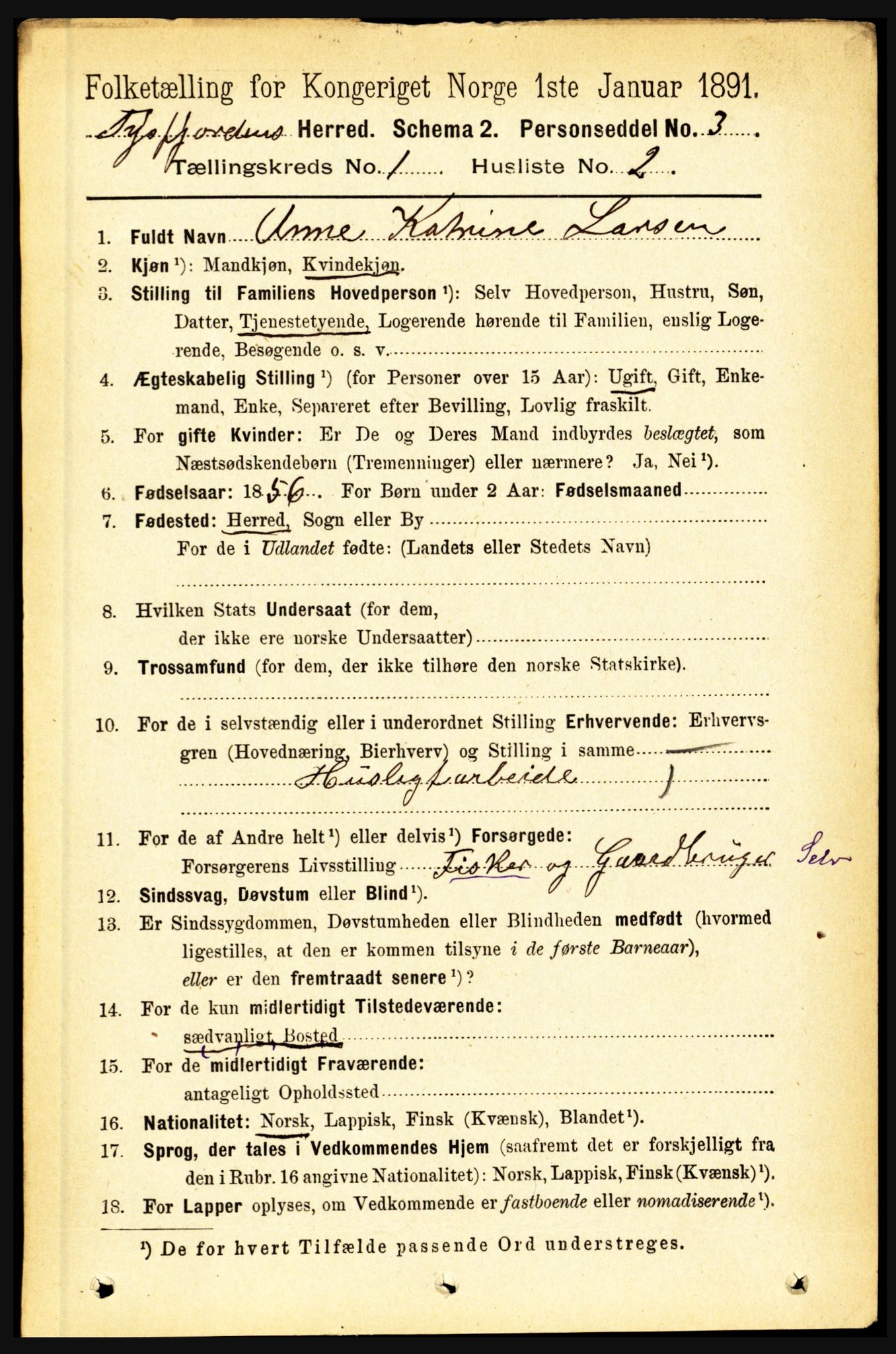 RA, 1891 census for 1850 Tysfjord, 1891, p. 87