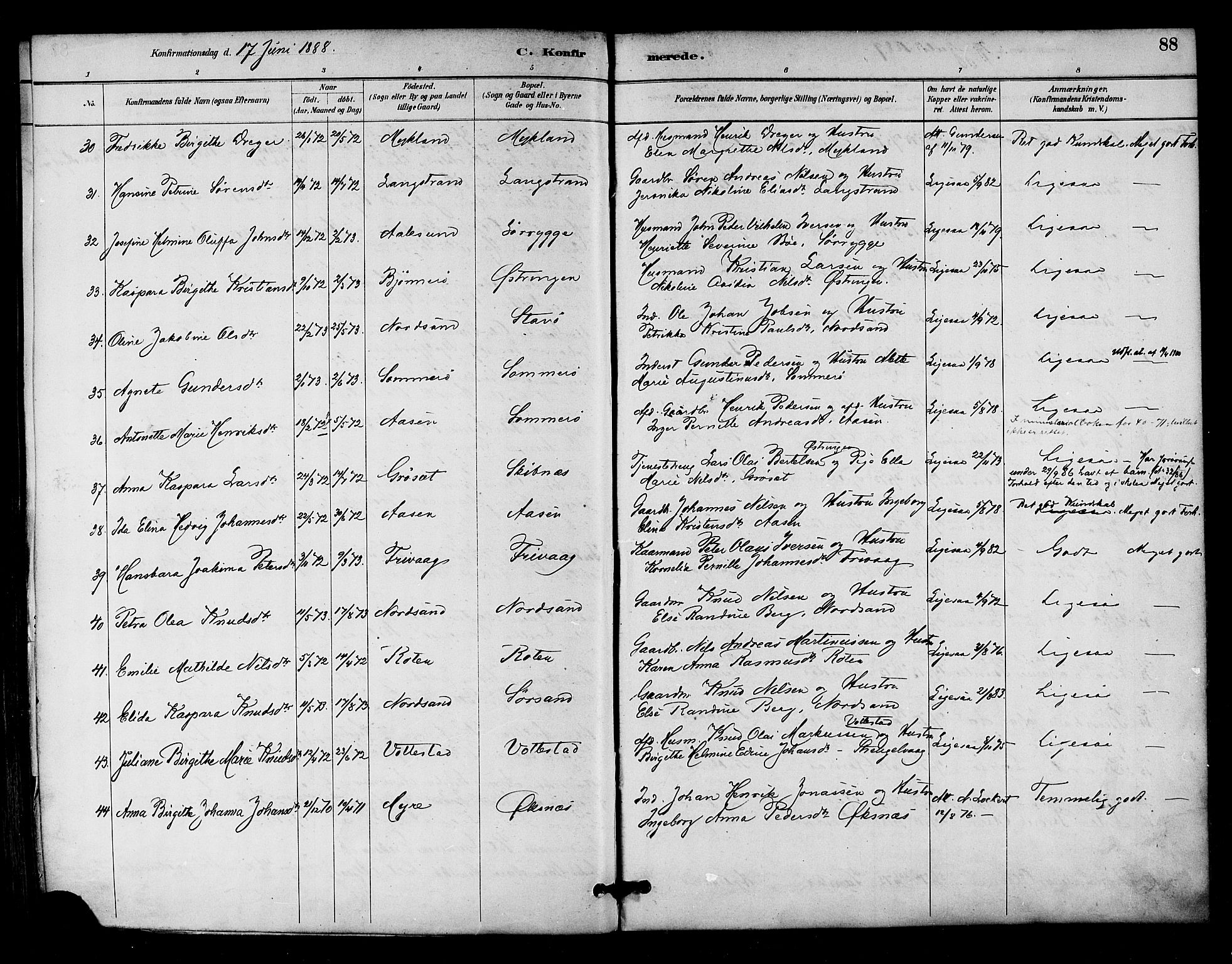 Ministerialprotokoller, klokkerbøker og fødselsregistre - Nordland, AV/SAT-A-1459/893/L1337: Parish register (official) no. 893A09, 1885-1893, p. 88