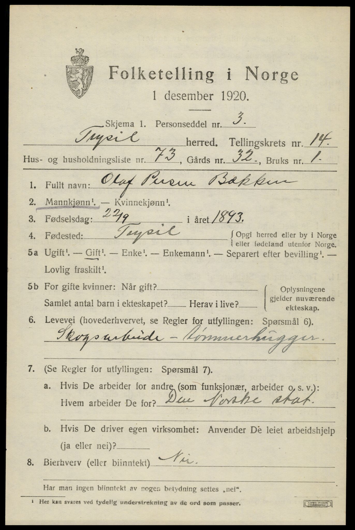 SAH, 1920 census for Trysil, 1920, p. 8763