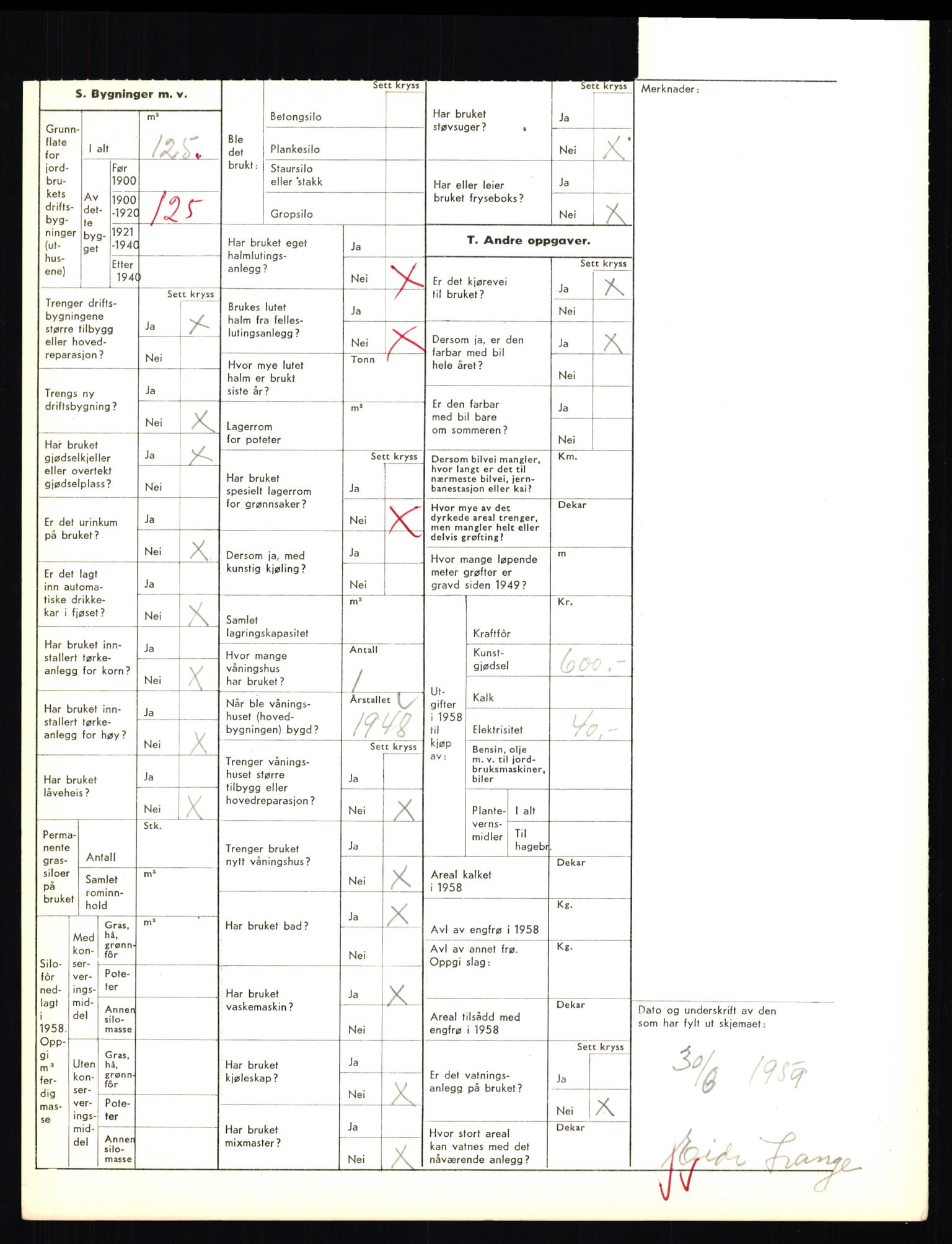 Statistisk sentralbyrå, Næringsøkonomiske emner, Jordbruk, skogbruk, jakt, fiske og fangst, AV/RA-S-2234/G/Gd/L0655: Troms: 1924 Målselv (kl. 4-10), 1959, p. 1252