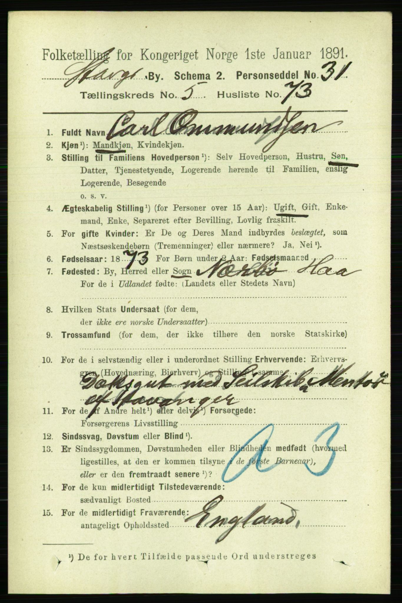 RA, 1891 census for 1103 Stavanger, 1891, p. 9733