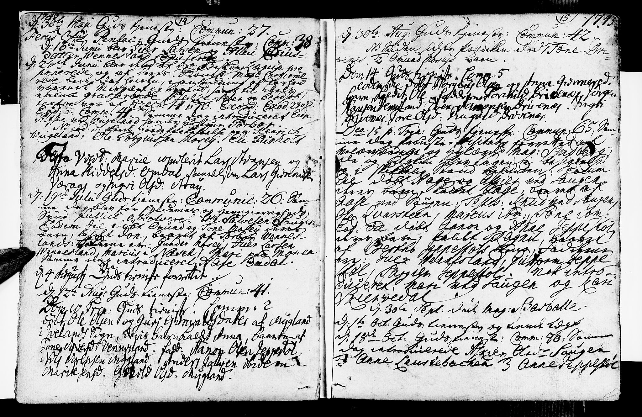 Vennesla sokneprestkontor, SAK/1111-0045/Fa/Fab/L0001: Parish register (official) no. A 1, 1741-1794, p. 14-15