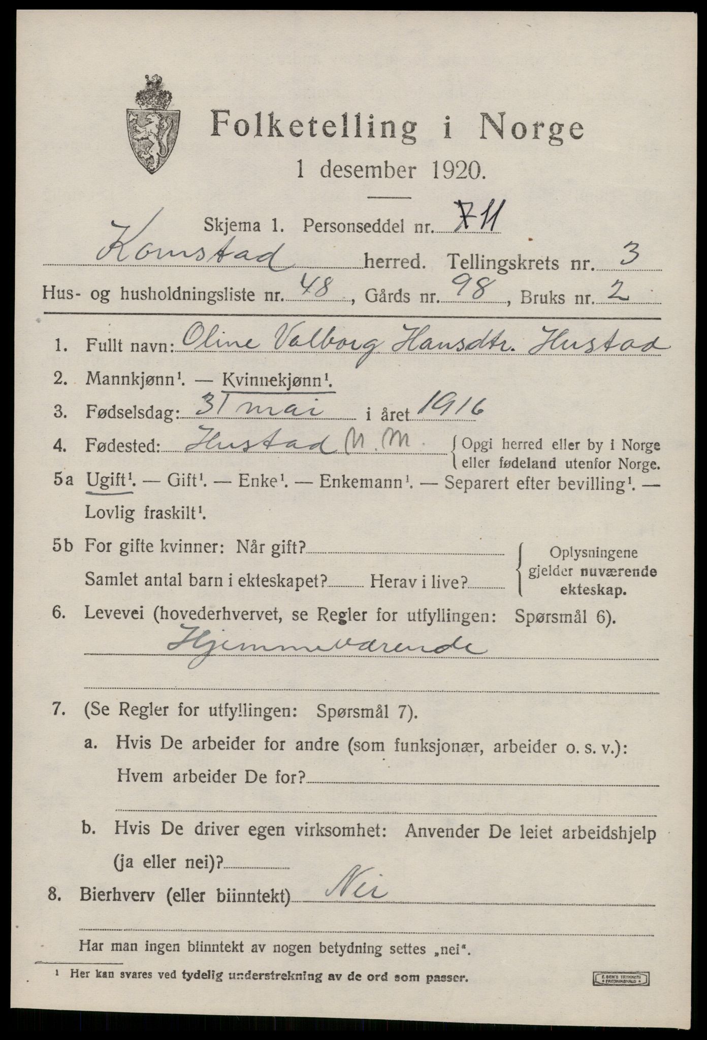 SAT, 1920 census for Kornstad, 1920, p. 2487