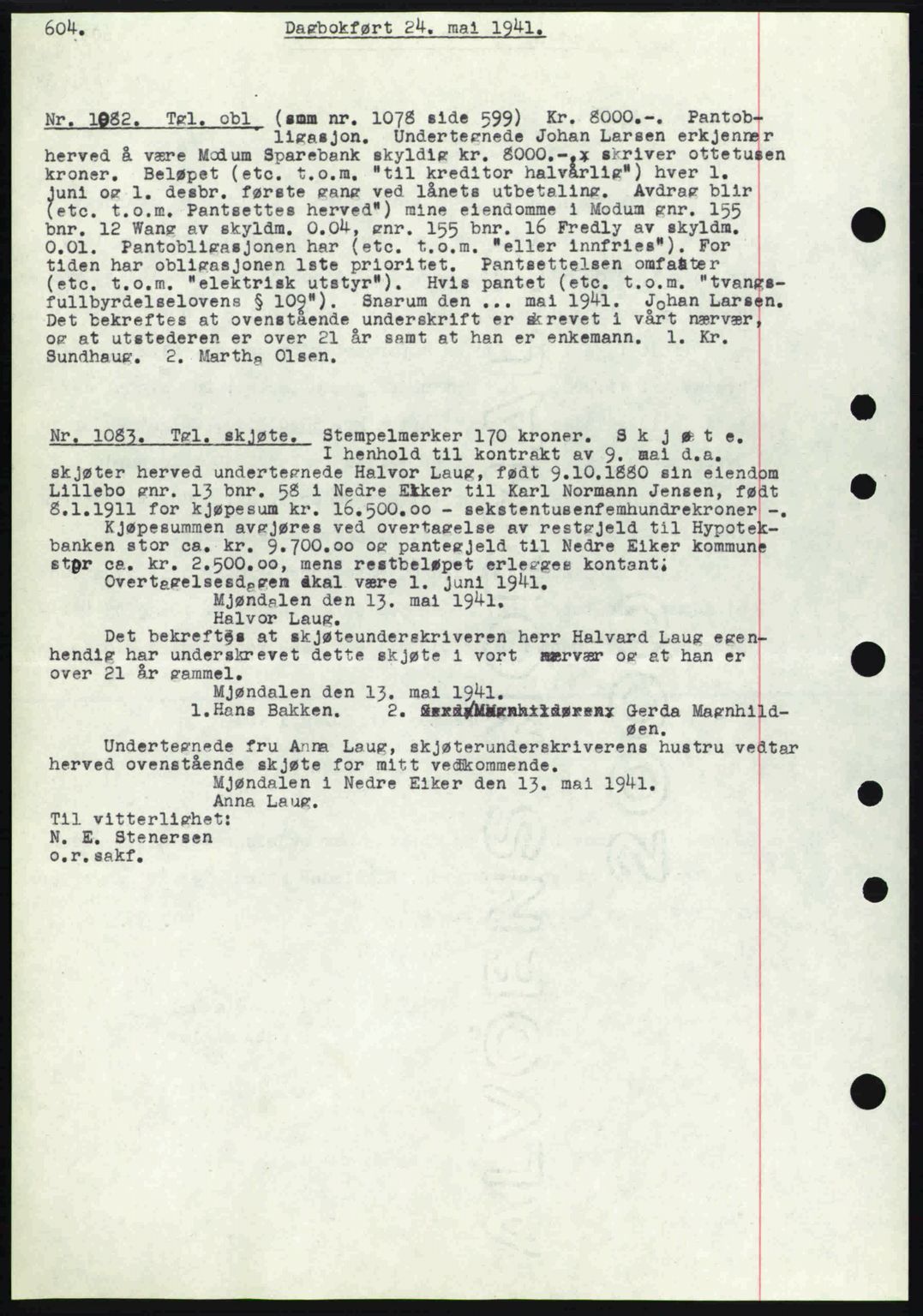 Eiker, Modum og Sigdal sorenskriveri, SAKO/A-123/G/Ga/Gab/L0043: Mortgage book no. A13, 1940-1941, Diary no: : 1082/1941