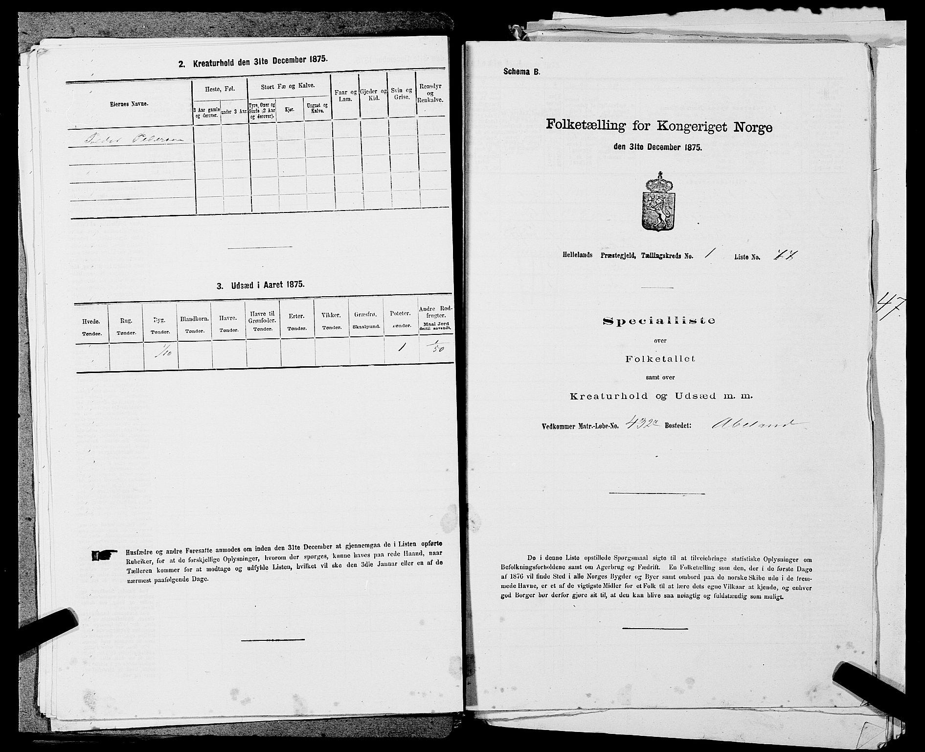 SAST, 1875 census for 1115P Helleland, 1875, p. 666