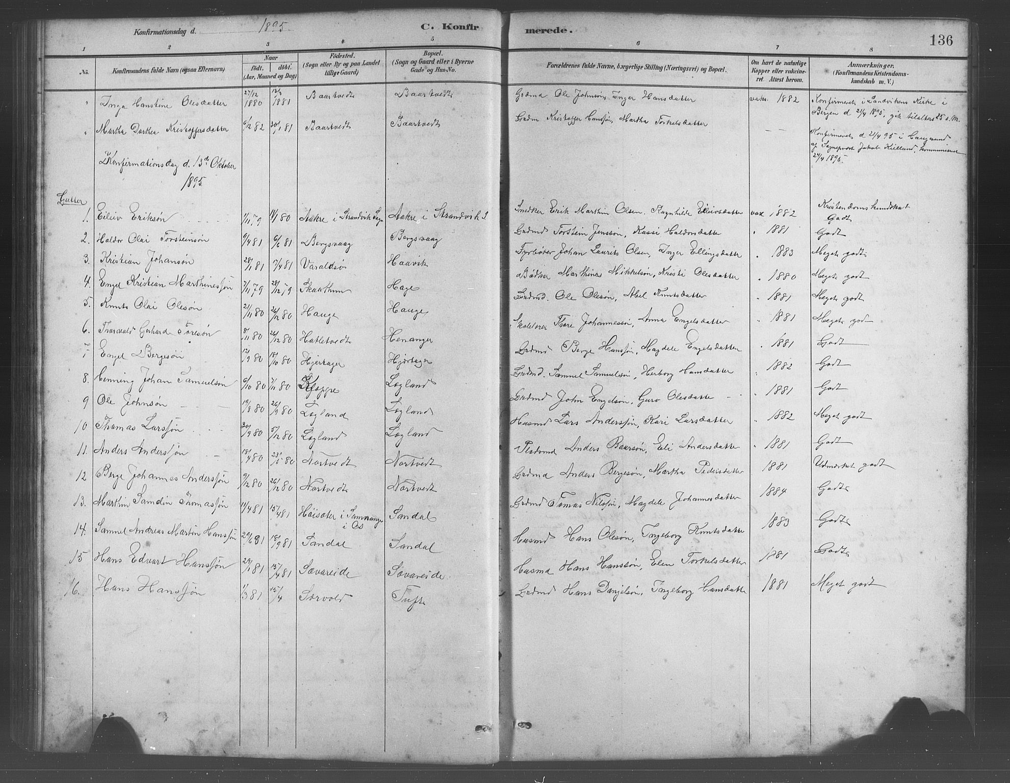 Fusa sokneprestembete, SAB/A-75401/H/Hab: Parish register (copy) no. C 2, 1886-1926, p. 136