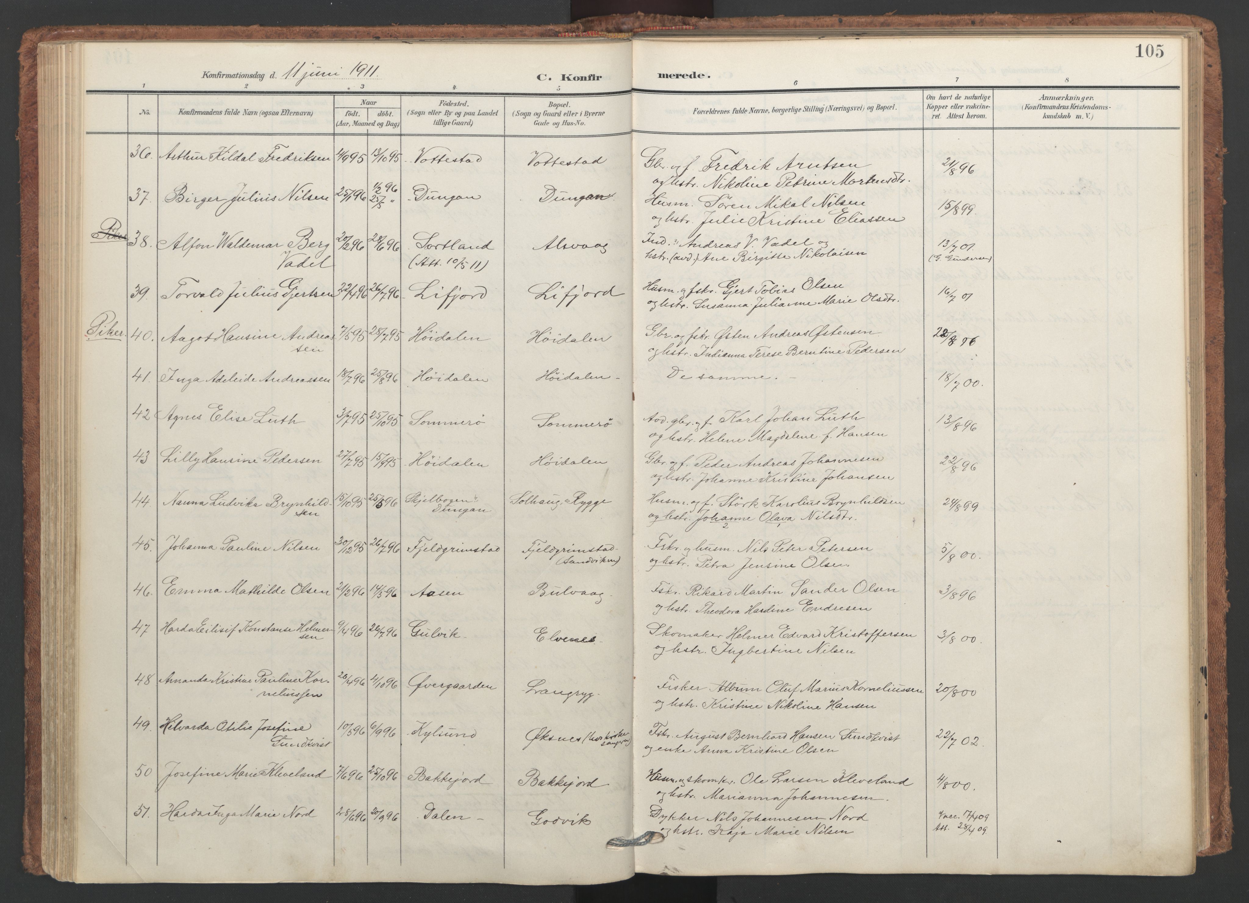 Ministerialprotokoller, klokkerbøker og fødselsregistre - Nordland, SAT/A-1459/893/L1339: Parish register (official) no. 893A11, 1904-1914, p. 105