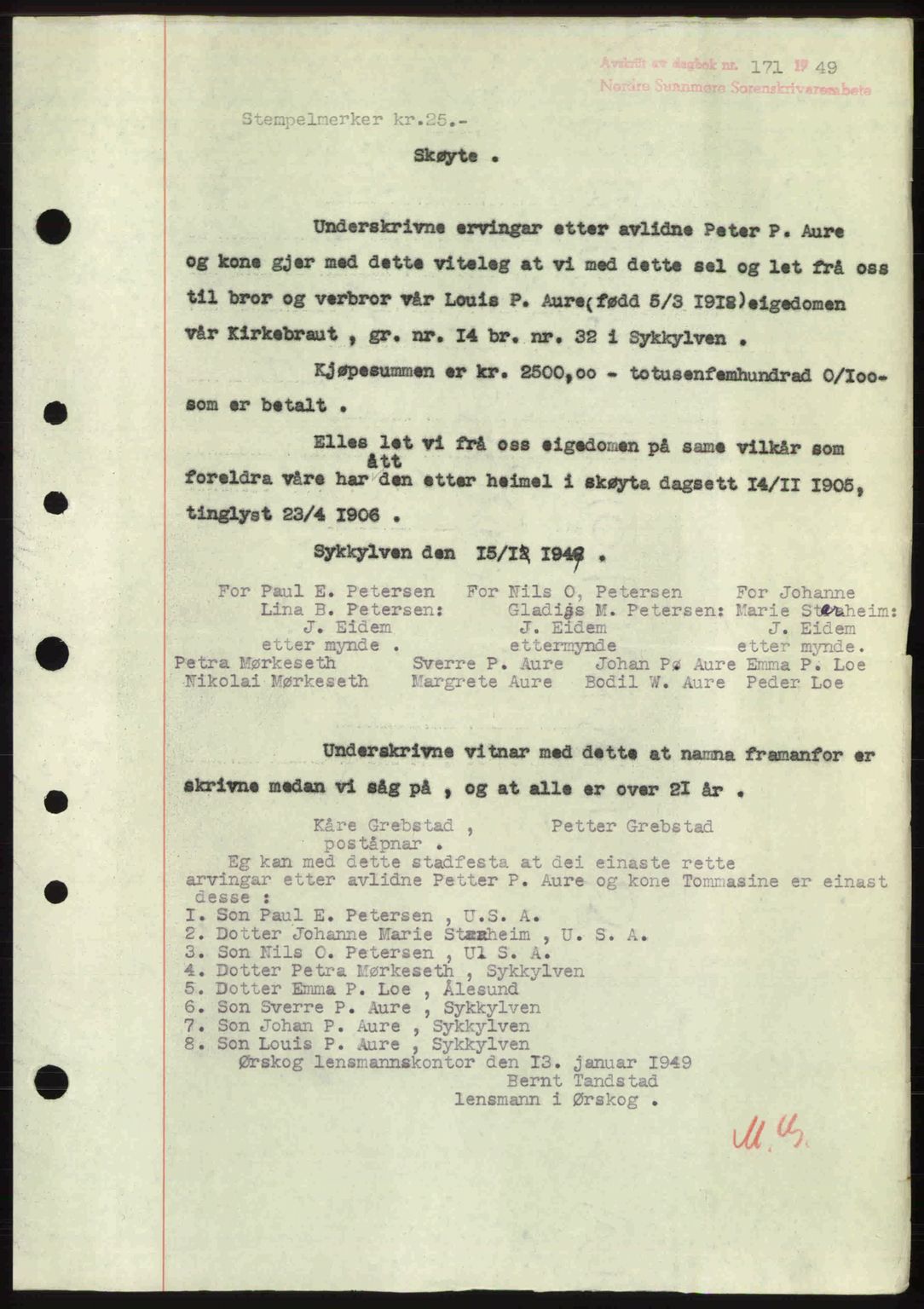 Nordre Sunnmøre sorenskriveri, AV/SAT-A-0006/1/2/2C/2Ca: Mortgage book no. A29, 1948-1949, Diary no: : 171/1949