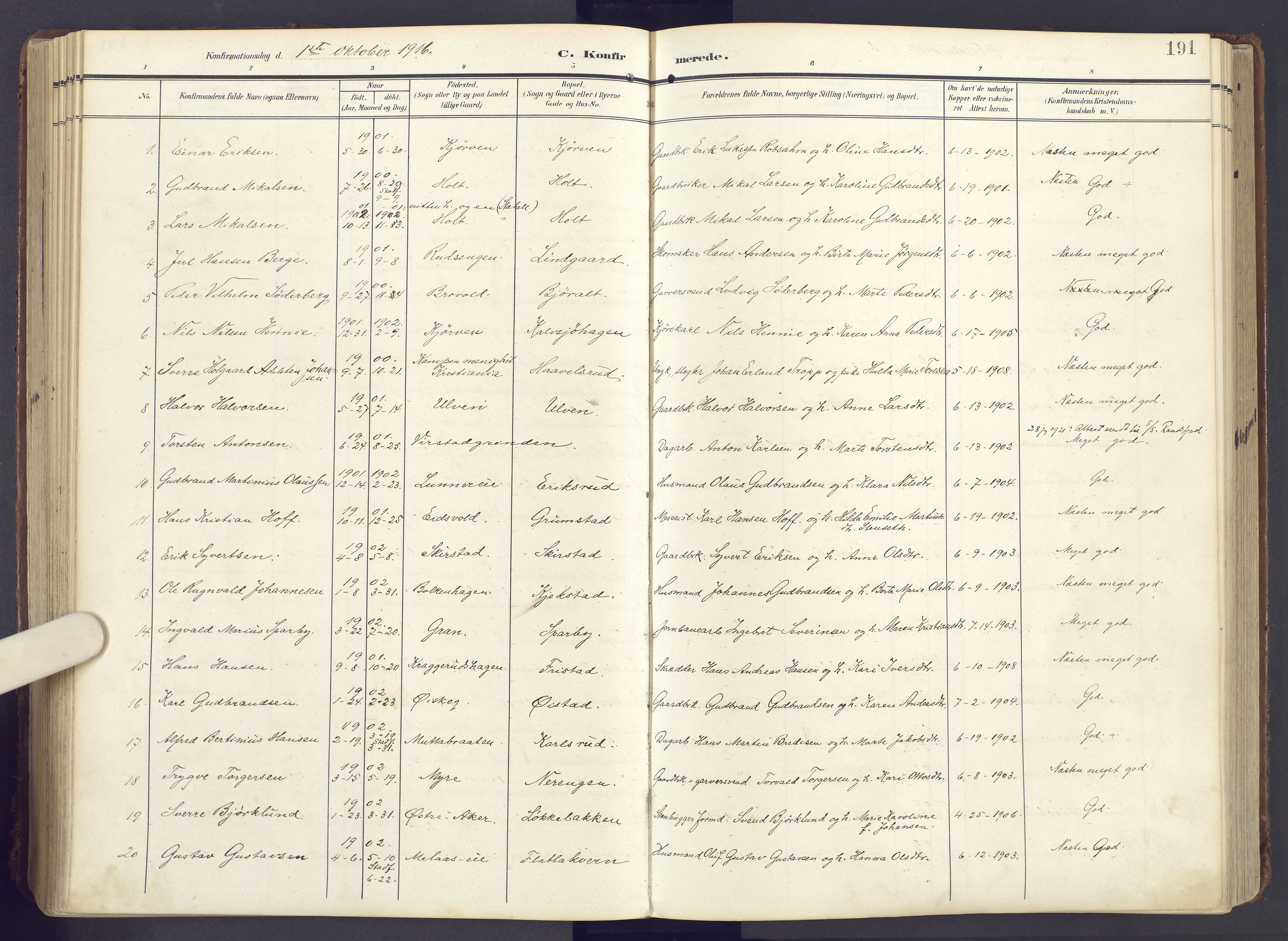 Lunner prestekontor, SAH/PREST-118/H/Ha/Haa/L0001: Parish register (official) no. 1, 1907-1922, p. 191