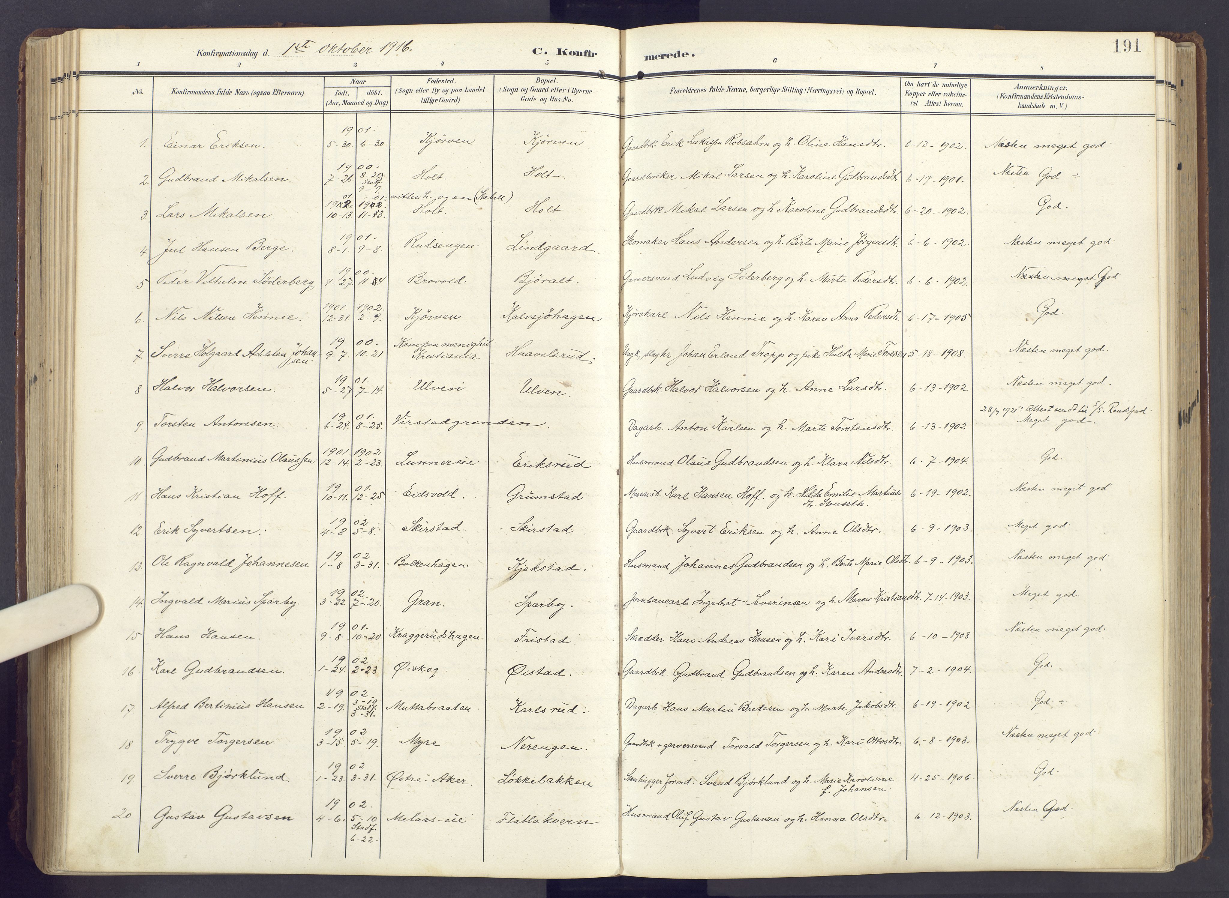 Lunner prestekontor, AV/SAH-PREST-118/H/Ha/Haa/L0001: Parish register (official) no. 1, 1907-1922, p. 191