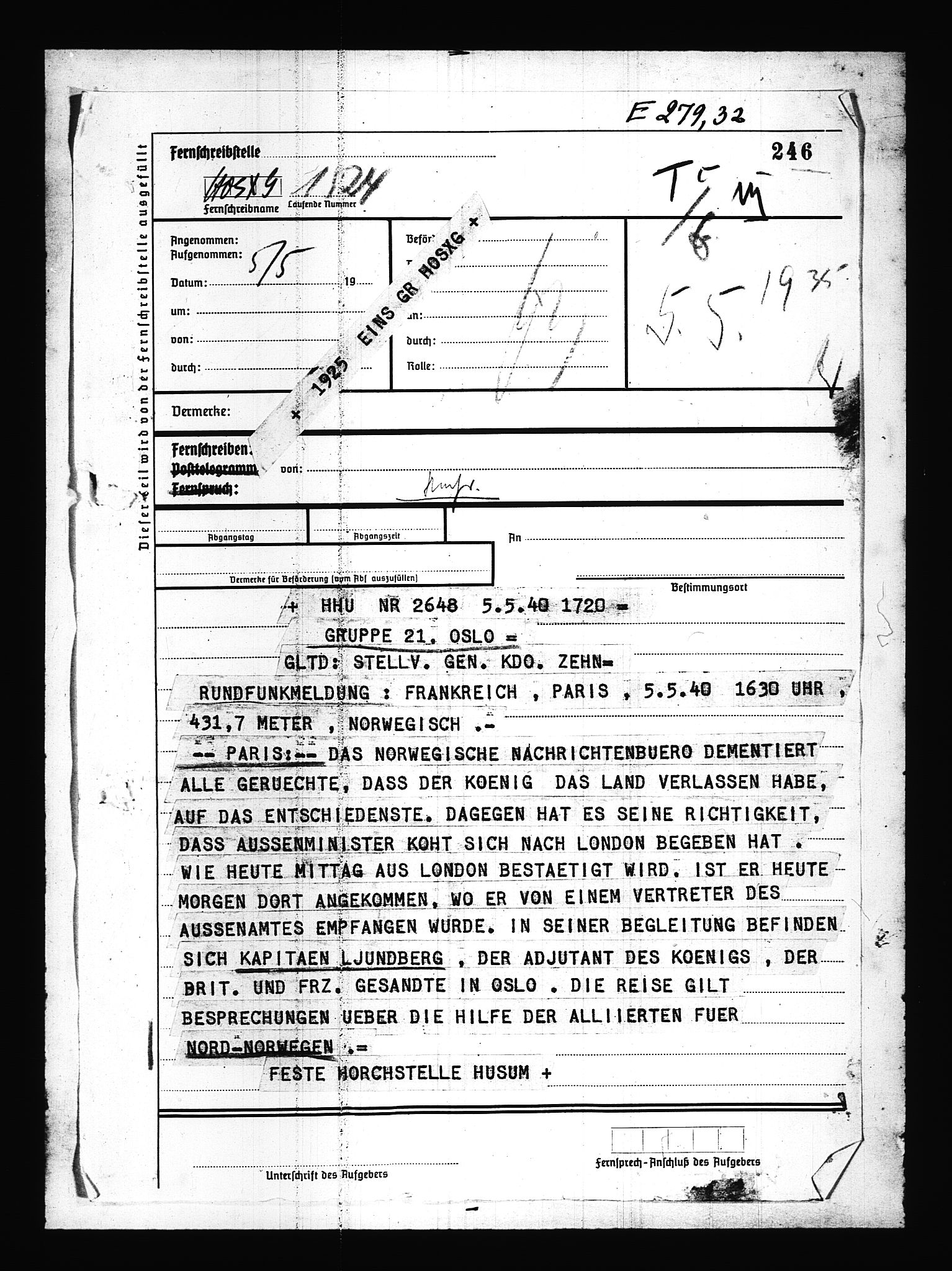 Documents Section, RA/RAFA-2200/V/L0085: Amerikansk mikrofilm "Captured German Documents".
Box No. 724.  FKA jnr. 615/1954., 1940-1941, p. 2