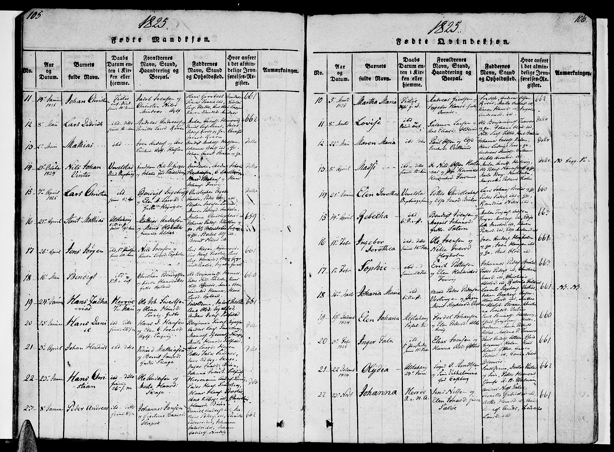 Ministerialprotokoller, klokkerbøker og fødselsregistre - Nordland, SAT/A-1459/830/L0445: Parish register (official) no. 830A09, 1820-1830, p. 105-106