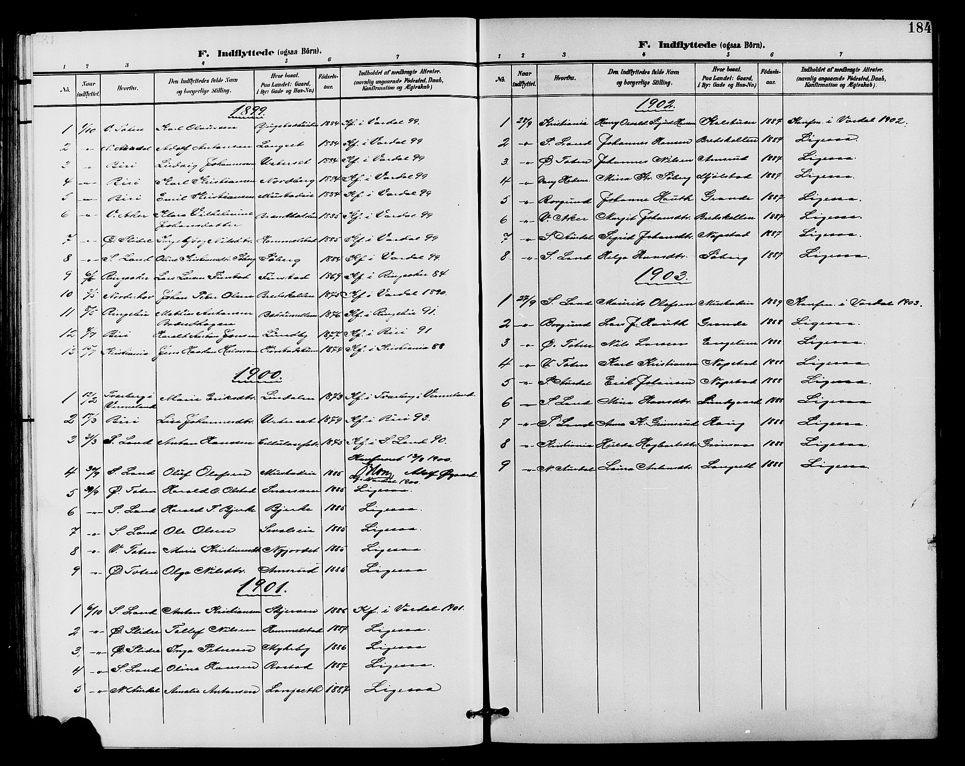 Vardal prestekontor, SAH/PREST-100/H/Ha/Hab/L0011: Parish register (copy) no. 11, 1899-1913, p. 184