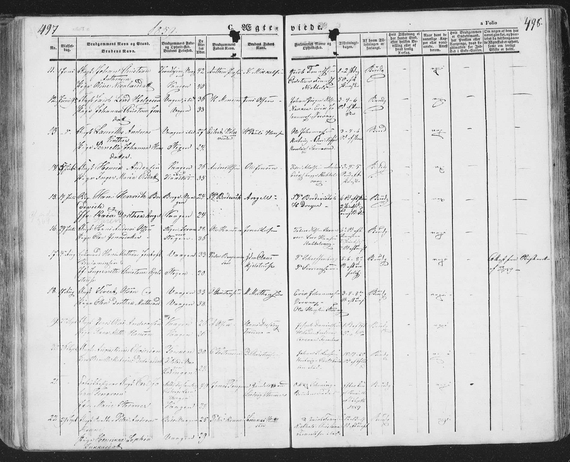 Ministerialprotokoller, klokkerbøker og fødselsregistre - Nordland, AV/SAT-A-1459/874/L1072: Parish register (copy) no. 874C01, 1843-1859, p. 497-498