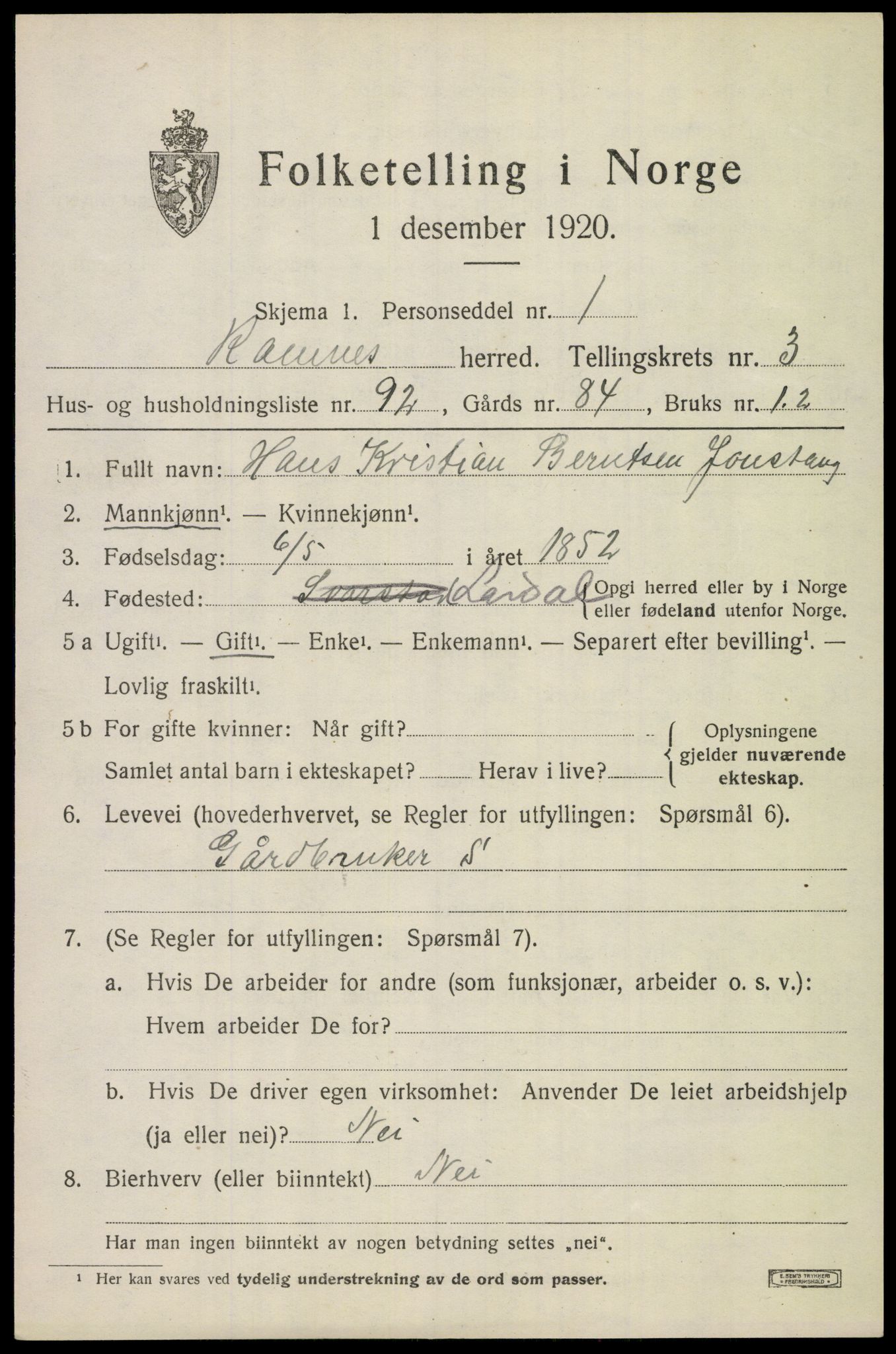 SAKO, 1920 census for Ramnes, 1920, p. 4300