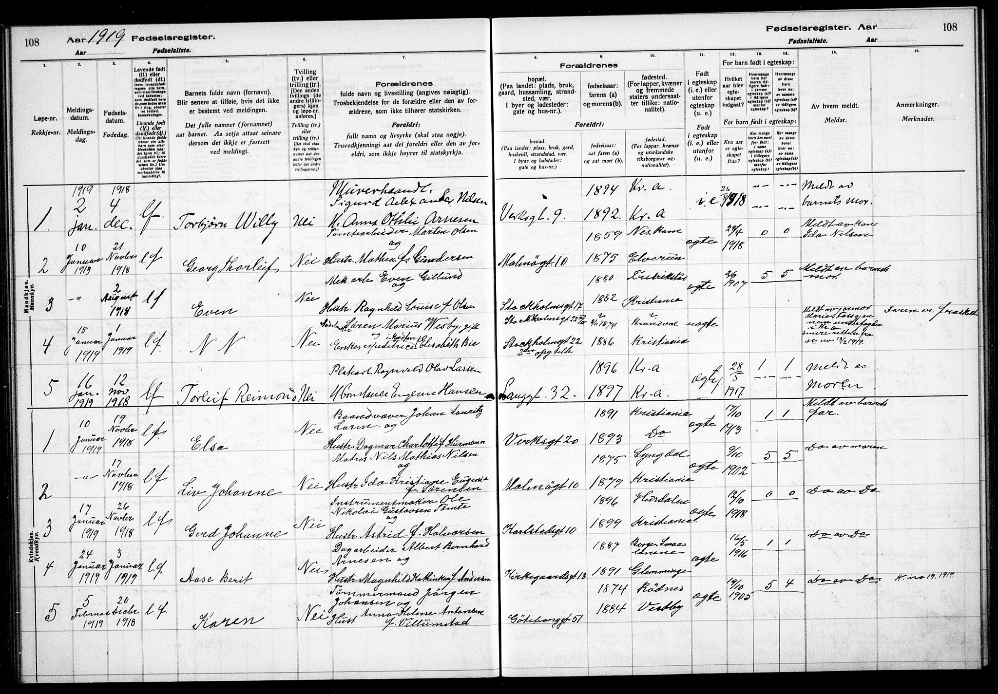 Petrus prestekontor Kirkebøker, SAO/A-10872/J/Ja/L0001: Birth register no. 1, 1916-1922, p. 108