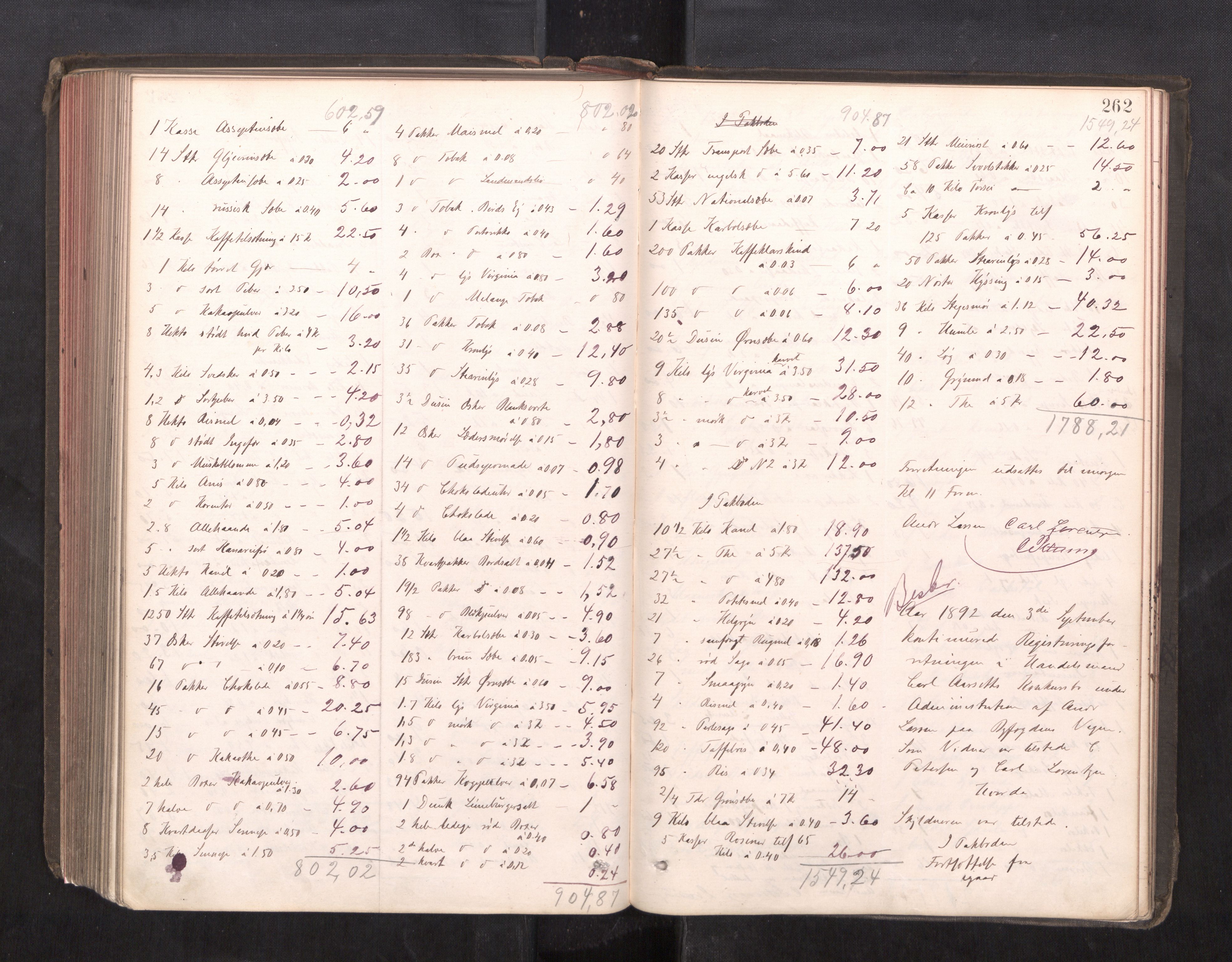 Trondheim byfogd, AV/SAT-A-0003/1/3/3C/L0013: Skifteregistreringsprotokoll - 19/7-14/8. (u/ register), 1887-1893, p. 262