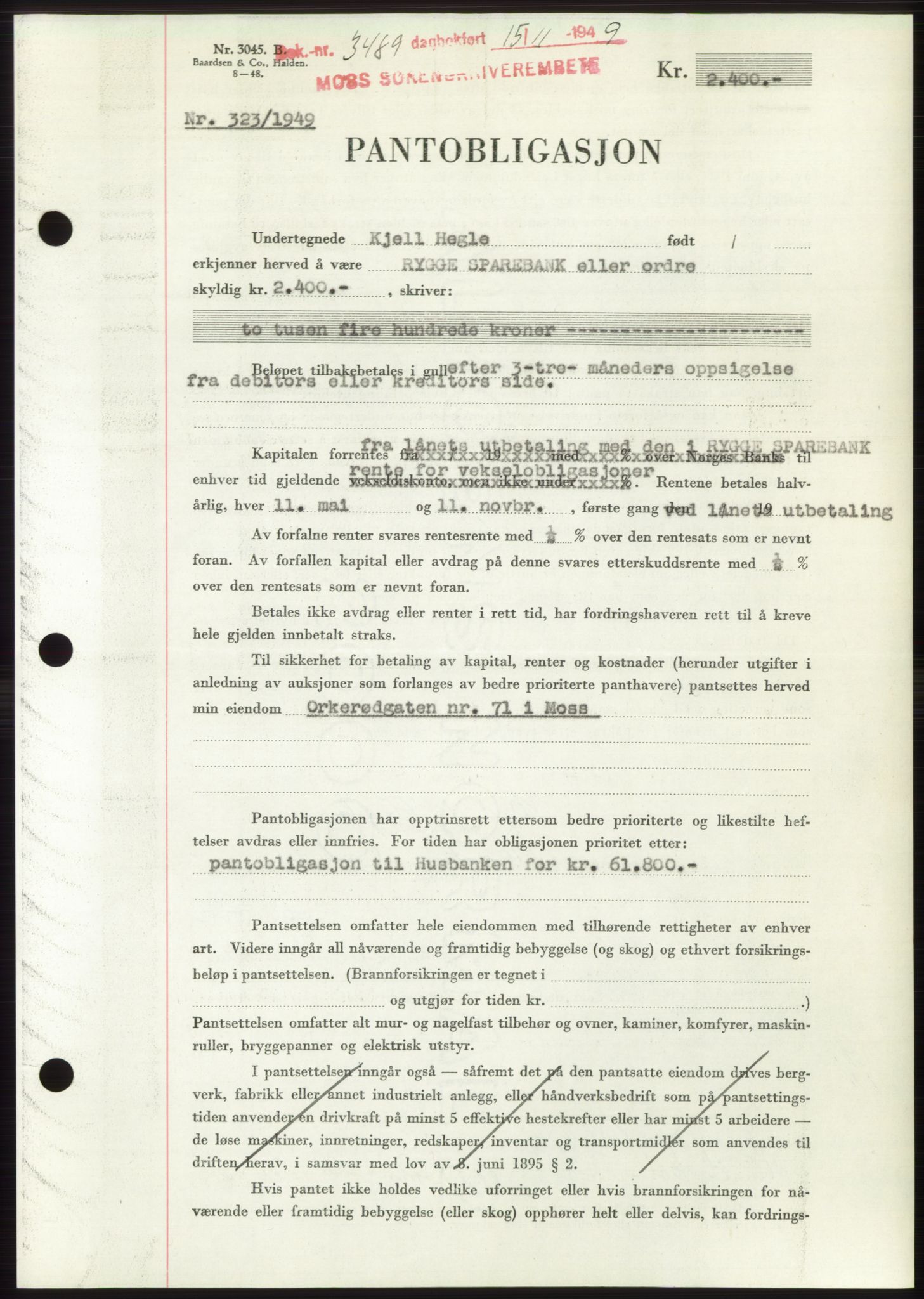 Moss sorenskriveri, SAO/A-10168: Mortgage book no. B23, 1949-1950, Diary no: : 3489/1949