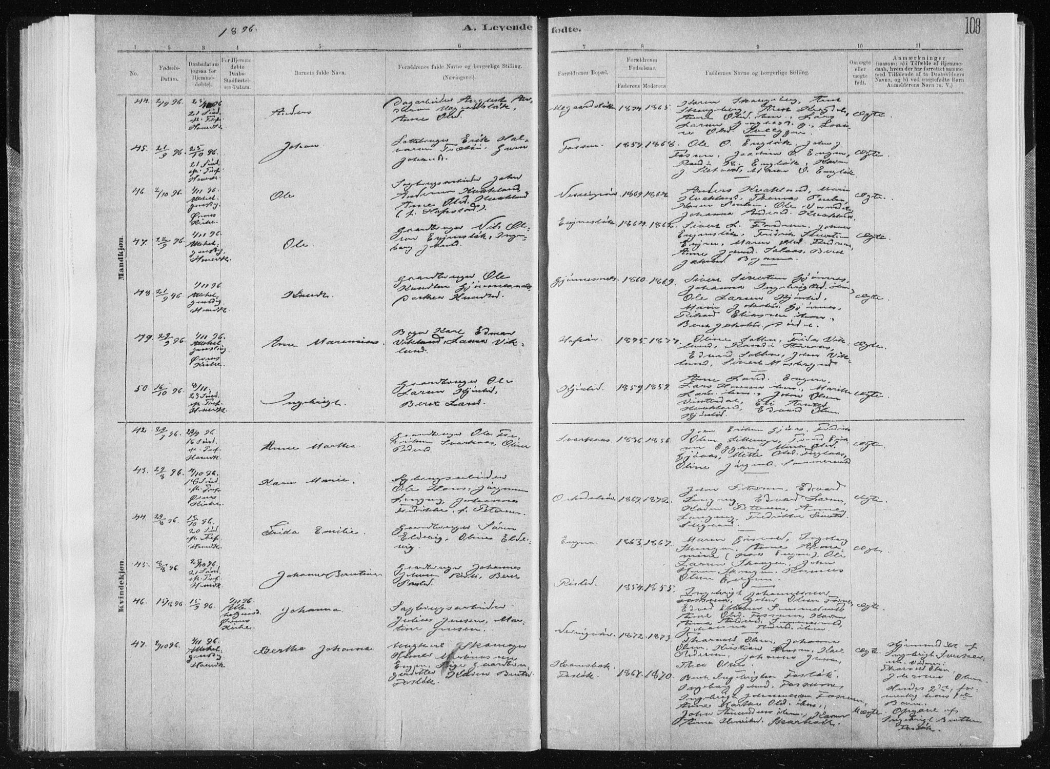 Ministerialprotokoller, klokkerbøker og fødselsregistre - Sør-Trøndelag, AV/SAT-A-1456/668/L0818: Parish register (copy) no. 668C07, 1885-1898, p. 108