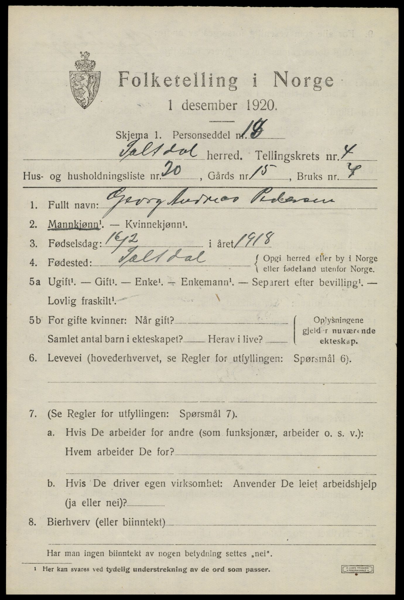 SAT, 1920 census for Saltdal, 1920, p. 5885