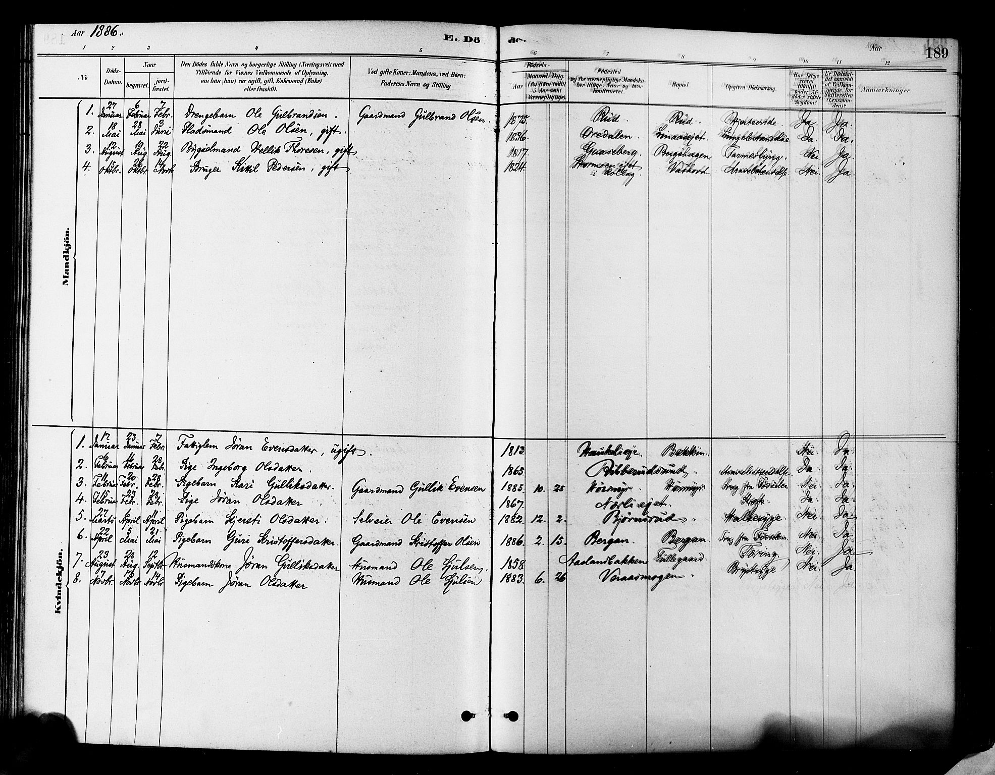 Flesberg kirkebøker, SAKO/A-18/F/Fa/L0008: Parish register (official) no. I 8, 1879-1899, p. 189