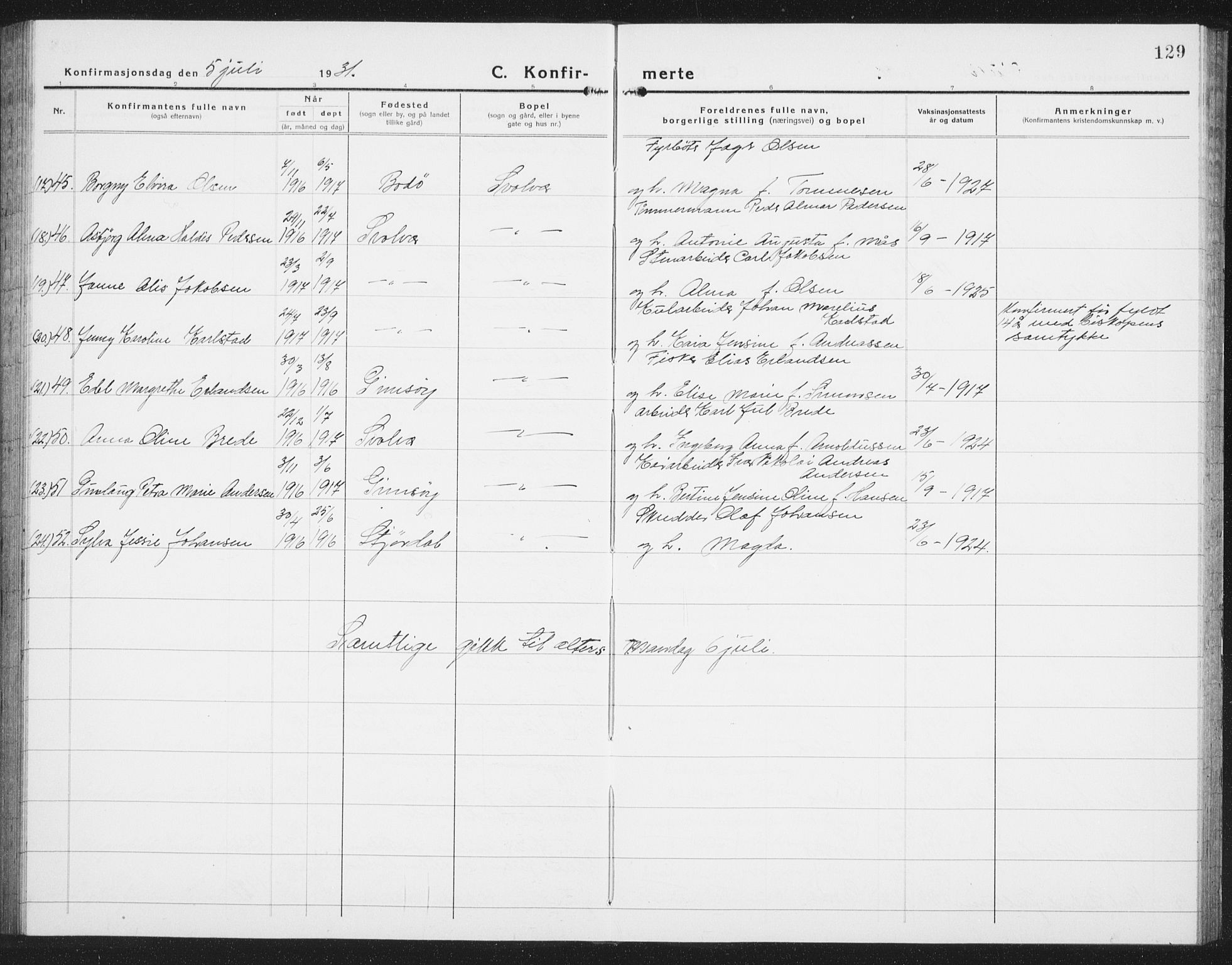 Ministerialprotokoller, klokkerbøker og fødselsregistre - Nordland, AV/SAT-A-1459/877/L1117: Parish register (copy) no. 877C01, 1923-1942, p. 129