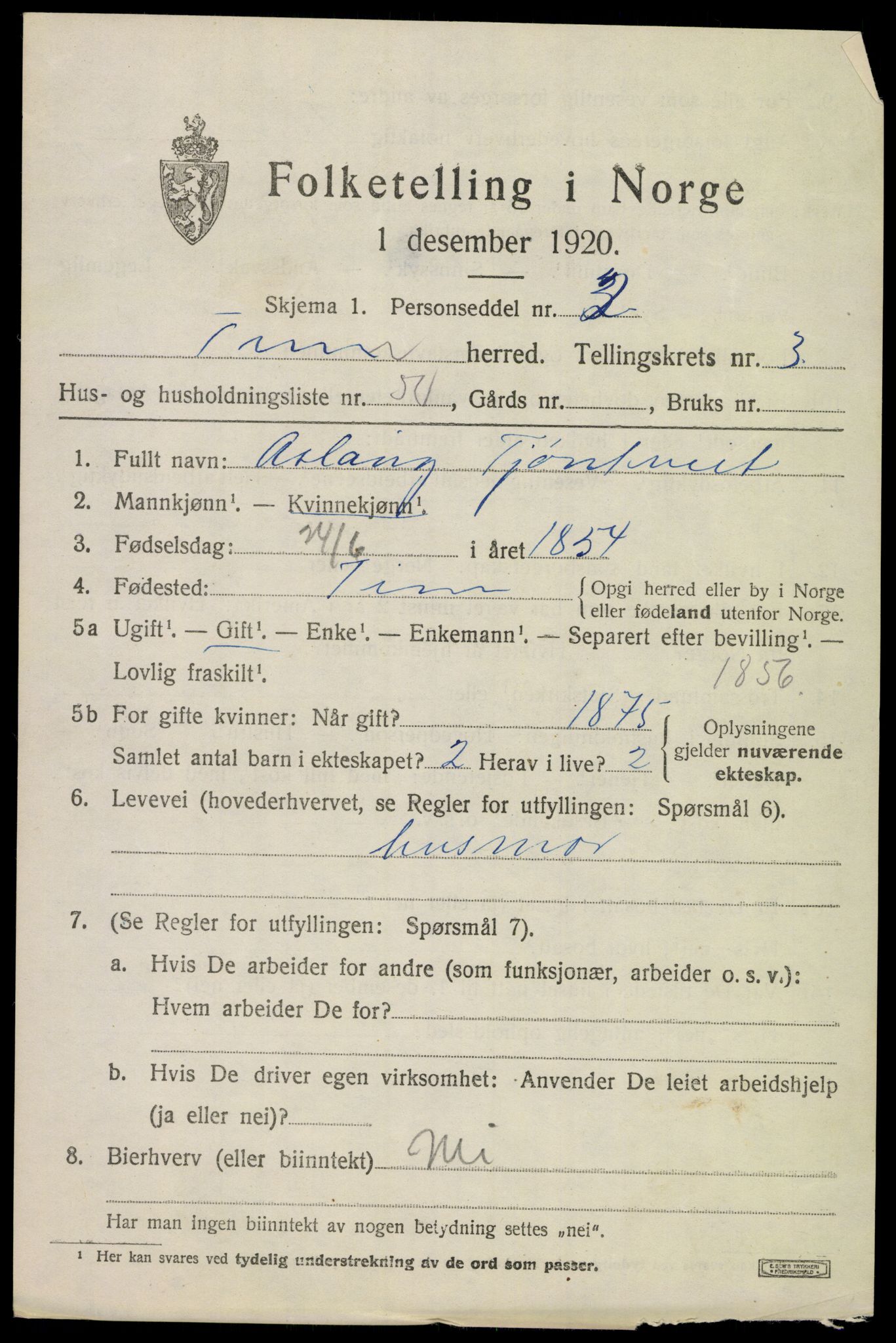 SAKO, 1920 census for Tinn, 1920, p. 3802