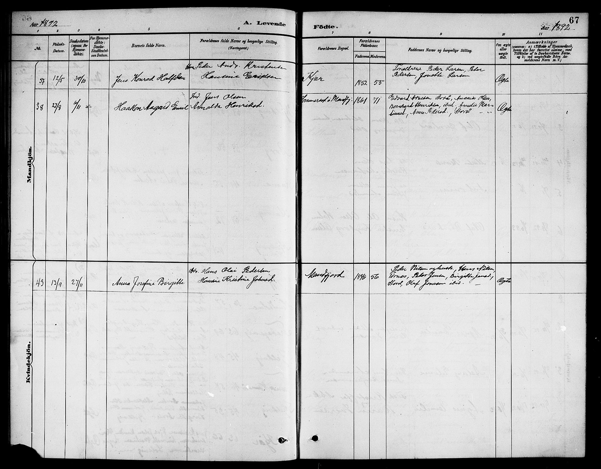 Ministerialprotokoller, klokkerbøker og fødselsregistre - Nordland, AV/SAT-A-1459/861/L0876: Parish register (copy) no. 861C02, 1887-1903, p. 67