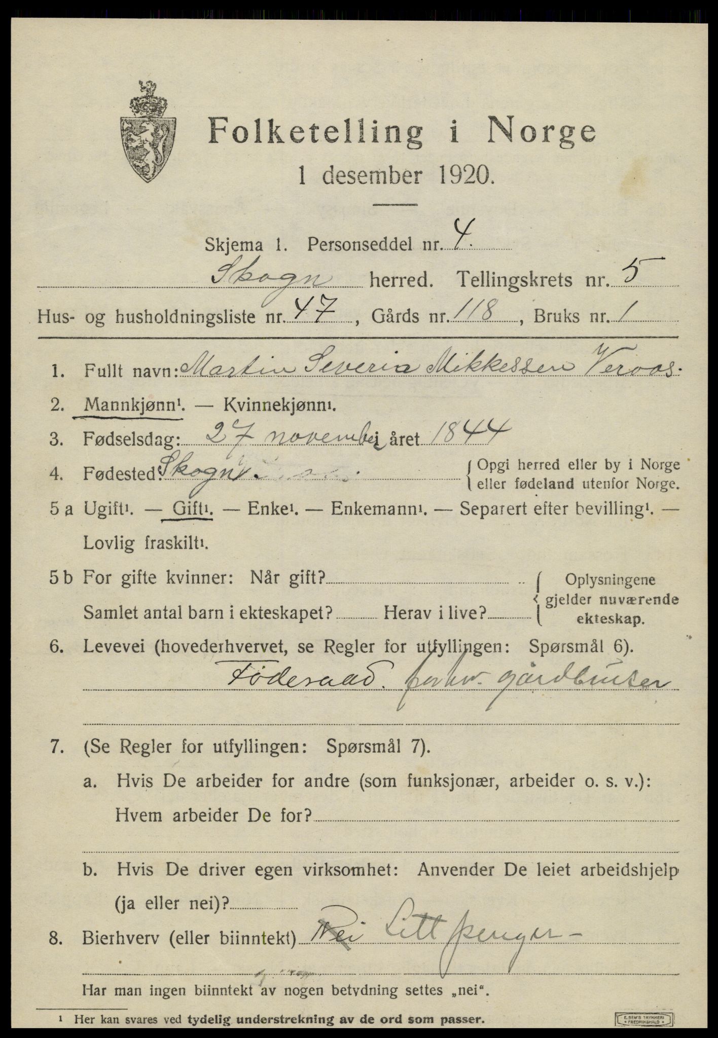 SAT, 1920 census for Skogn, 1920, p. 6987