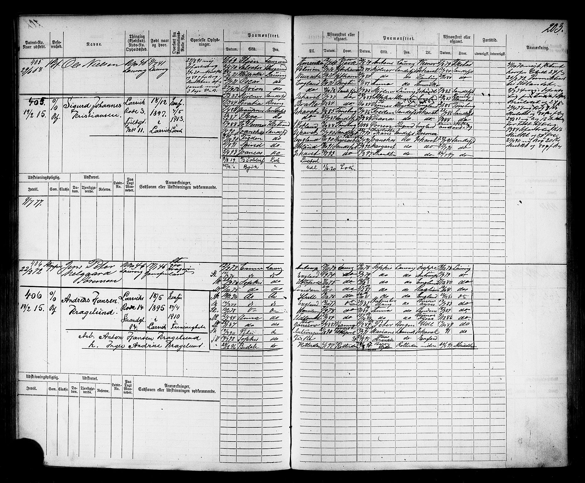 Larvik innrulleringskontor, SAKO/A-787/F/Fc/L0001: Hovedrulle, 1868, p. 205