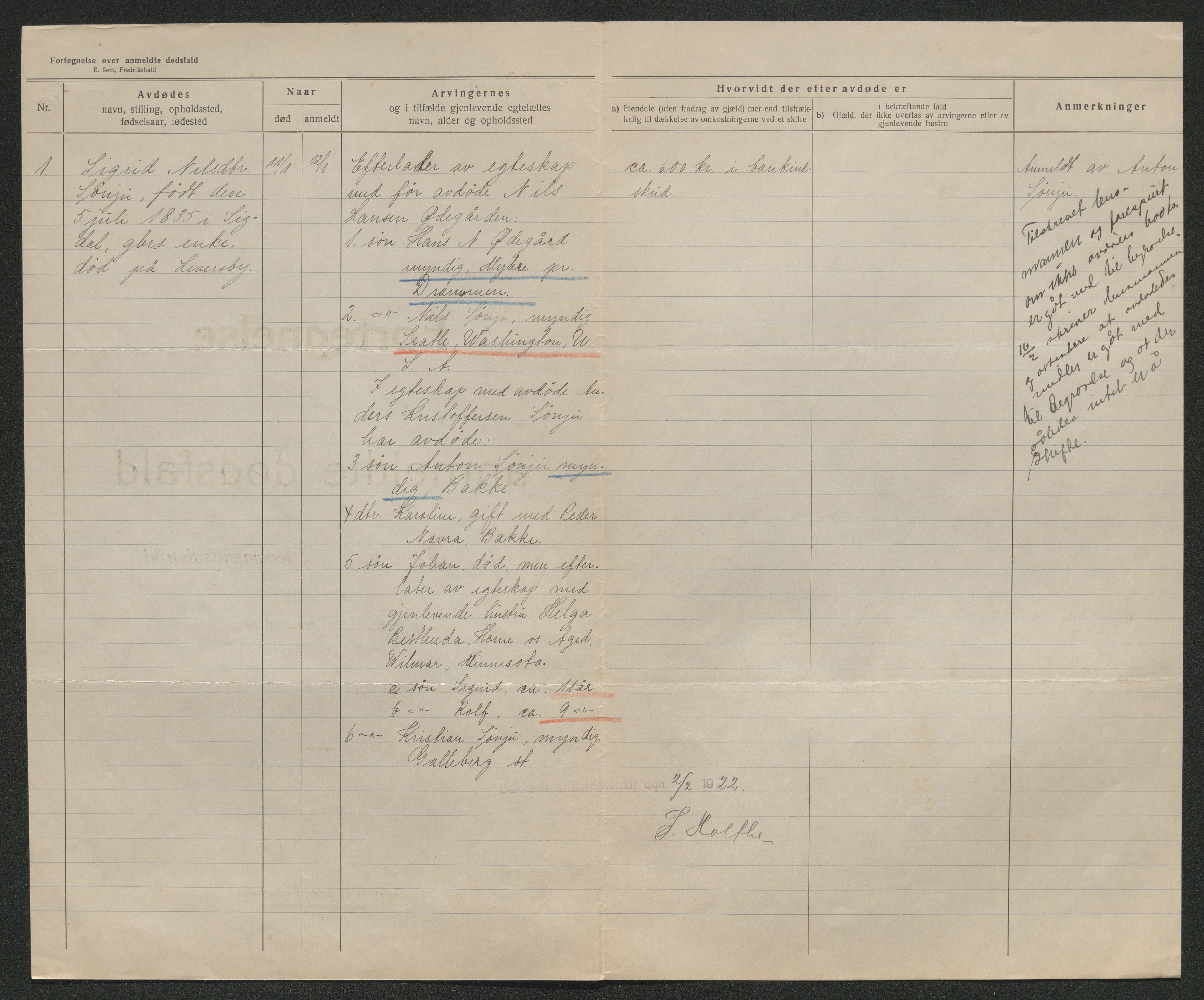 Eiker, Modum og Sigdal sorenskriveri, AV/SAKO-A-123/H/Ha/Hab/L0041: Dødsfallsmeldinger, 1922-1923, p. 26
