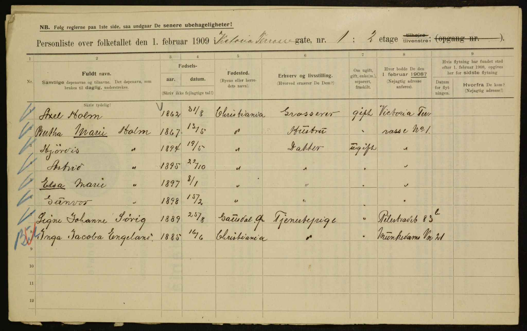 OBA, Municipal Census 1909 for Kristiania, 1909, p. 112013