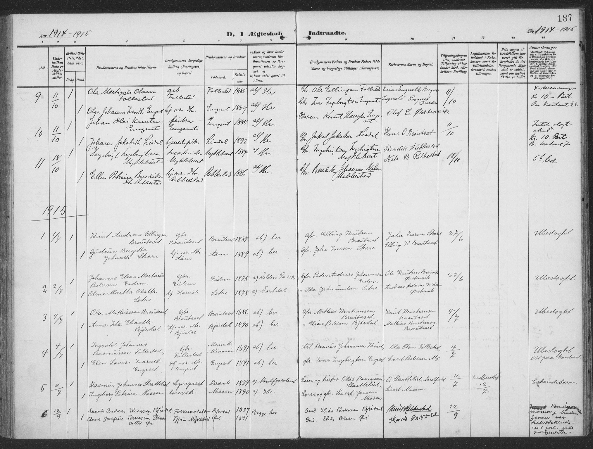 Ministerialprotokoller, klokkerbøker og fødselsregistre - Møre og Romsdal, SAT/A-1454/513/L0178: Parish register (official) no. 513A05, 1906-1919, p. 187