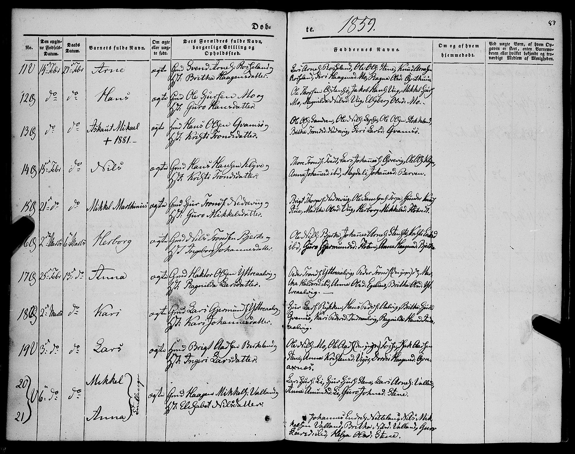 Kvam sokneprestembete, AV/SAB-A-76201/H/Haa: Parish register (official) no. A 8, 1844-1863, p. 87