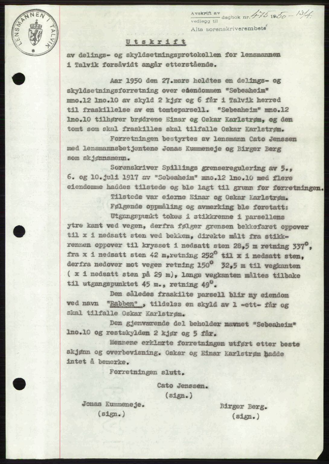 Alta fogderi/sorenskriveri, SATØ/SATØ-5/1/K/Kd/L0038pantebok: Mortgage book no. 41-42, 1949-1950, Diary no: : 475/1950