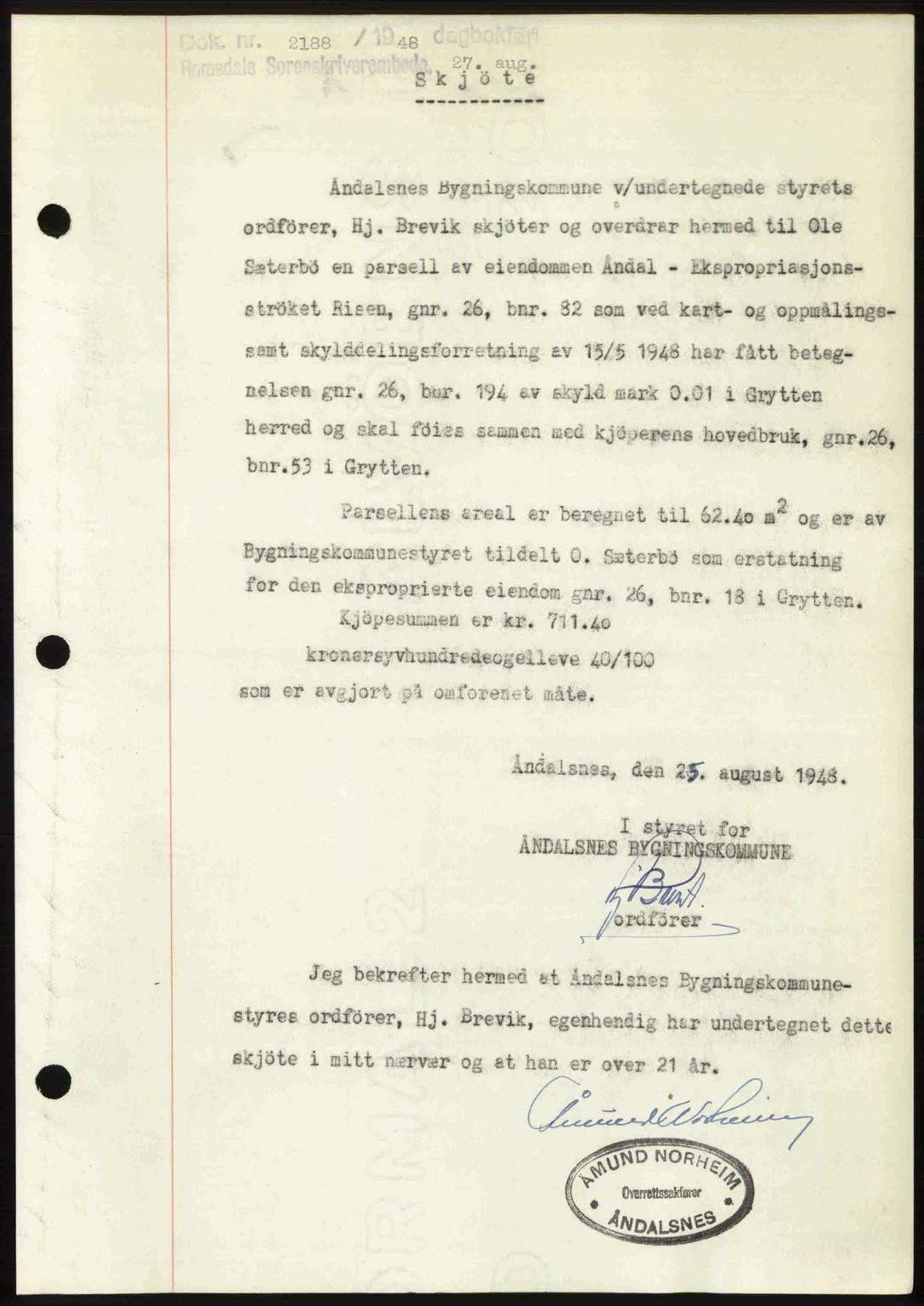 Romsdal sorenskriveri, AV/SAT-A-4149/1/2/2C: Mortgage book no. A27, 1948-1948, Diary no: : 2188/1948