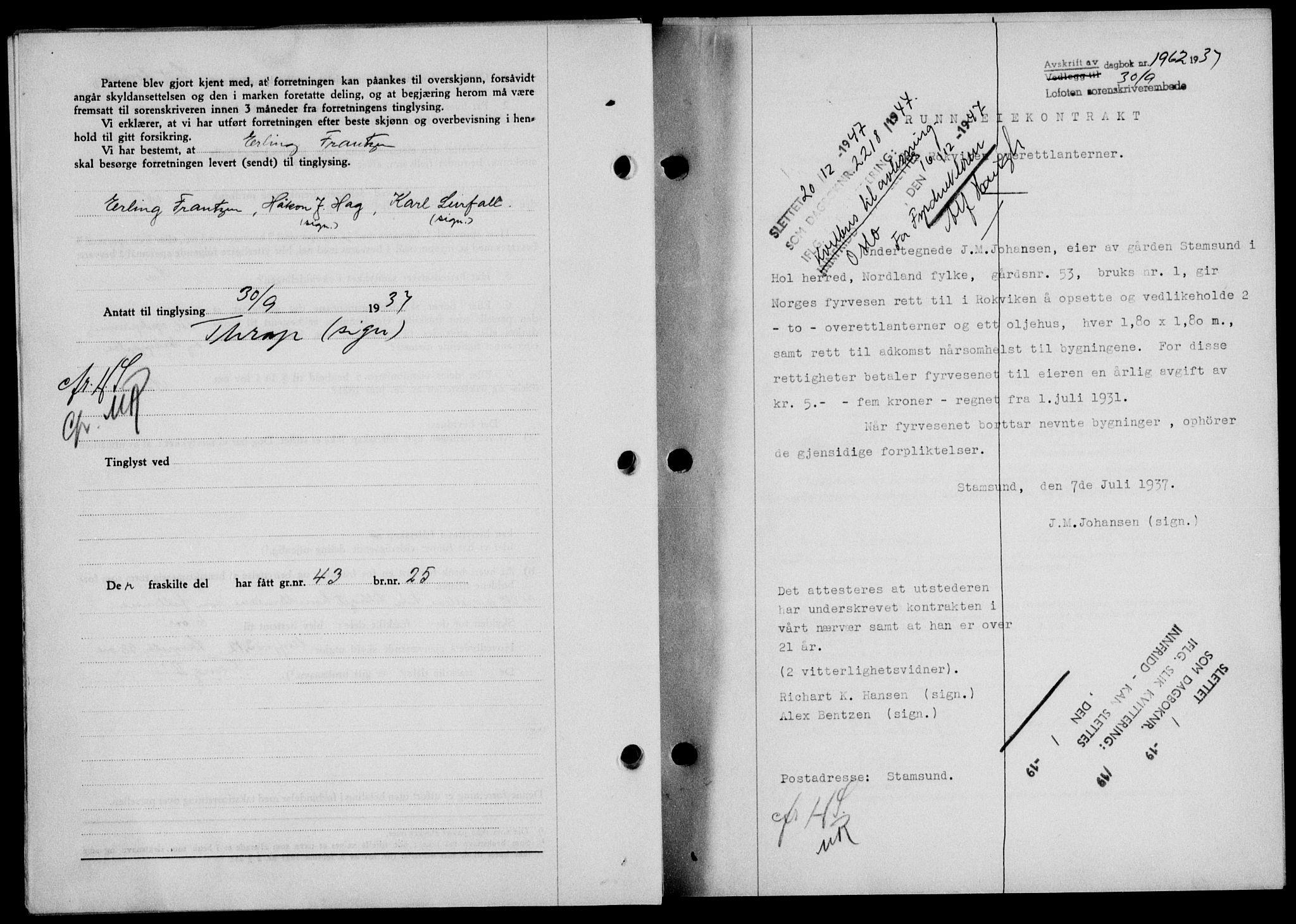 Lofoten sorenskriveri, SAT/A-0017/1/2/2C/L0002a: Mortgage book no. 2a, 1937-1937, Diary no: : 1962/1937