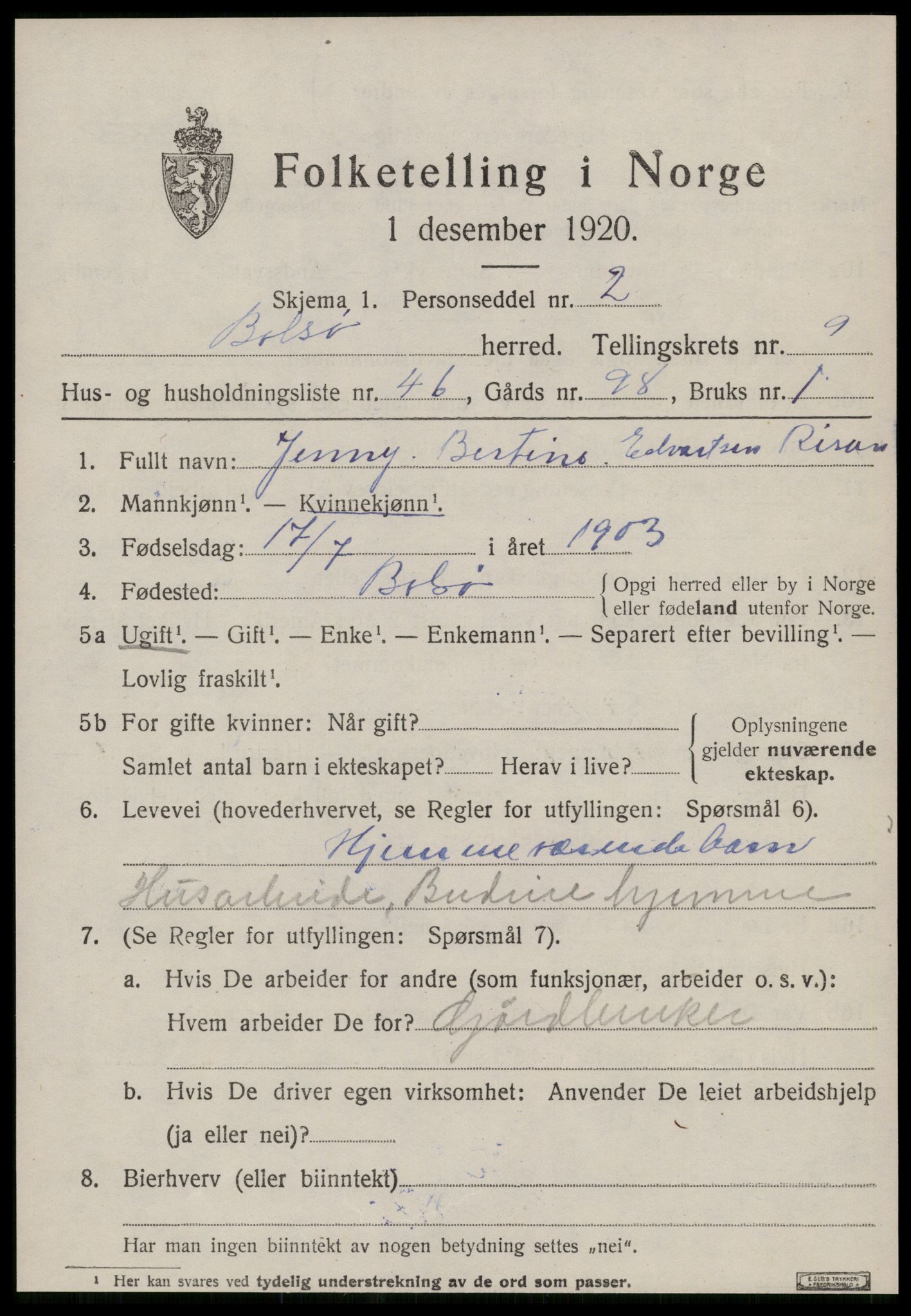 SAT, 1920 census for Bolsøy, 1920, p. 10409