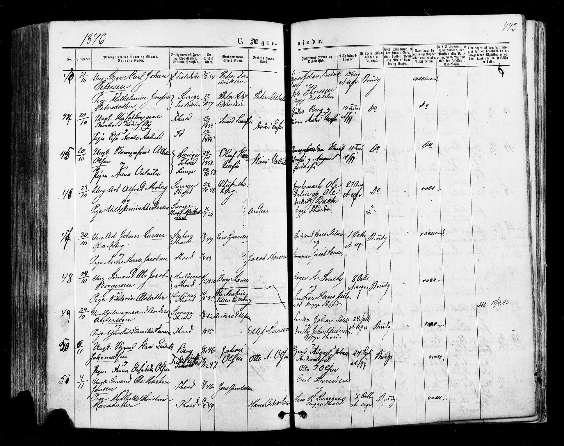 Halden prestekontor Kirkebøker, AV/SAO-A-10909/F/Fa/L0009: Parish register (official) no. I 9, 1866-1877, p. 442