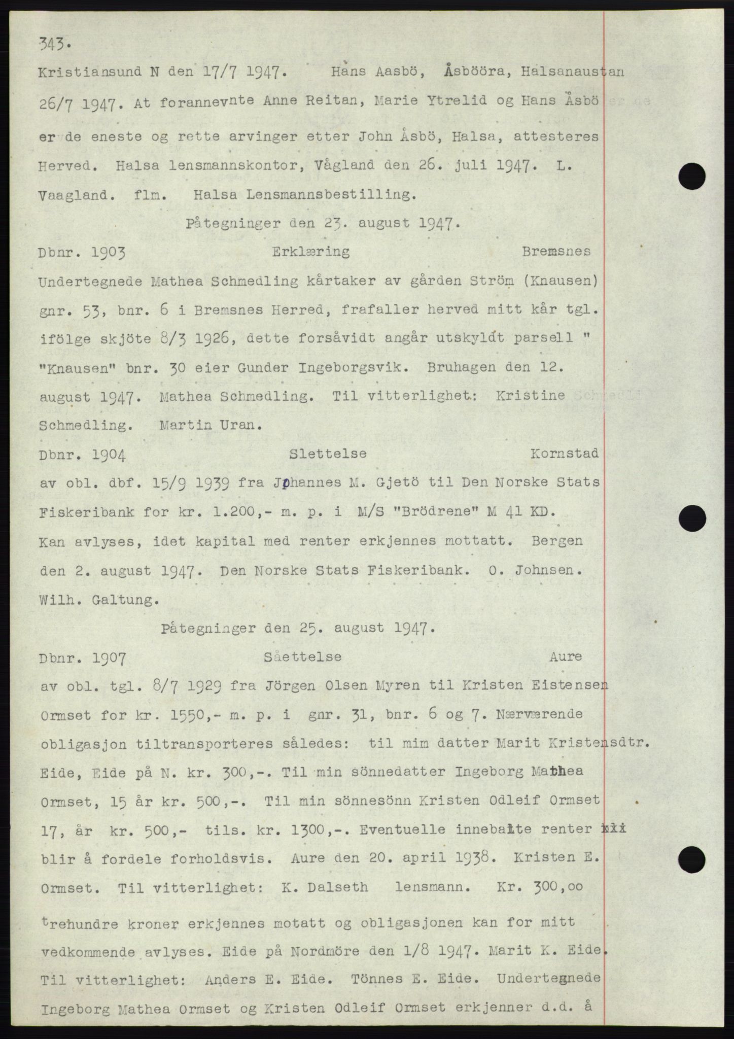 Nordmøre sorenskriveri, AV/SAT-A-4132/1/2/2Ca: Mortgage book no. C82b, 1946-1951, Diary no: : 1903/1947