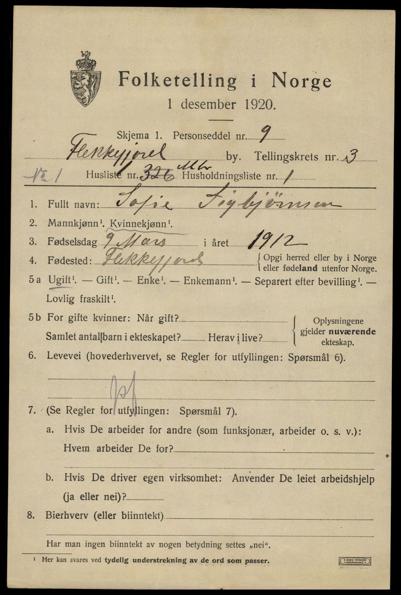 SAK, 1920 census for Flekkefjord, 1920, p. 3422