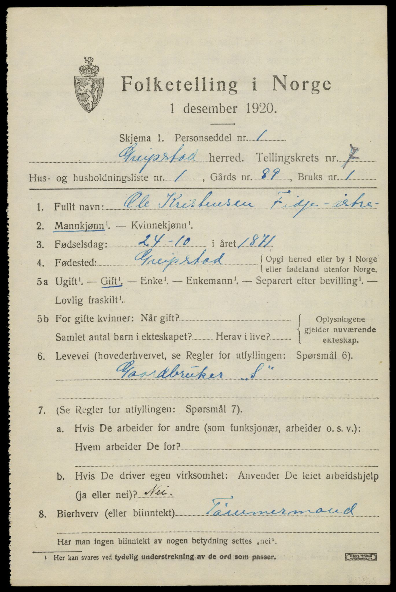 SAK, 1920 census for Greipstad, 1920, p. 2106