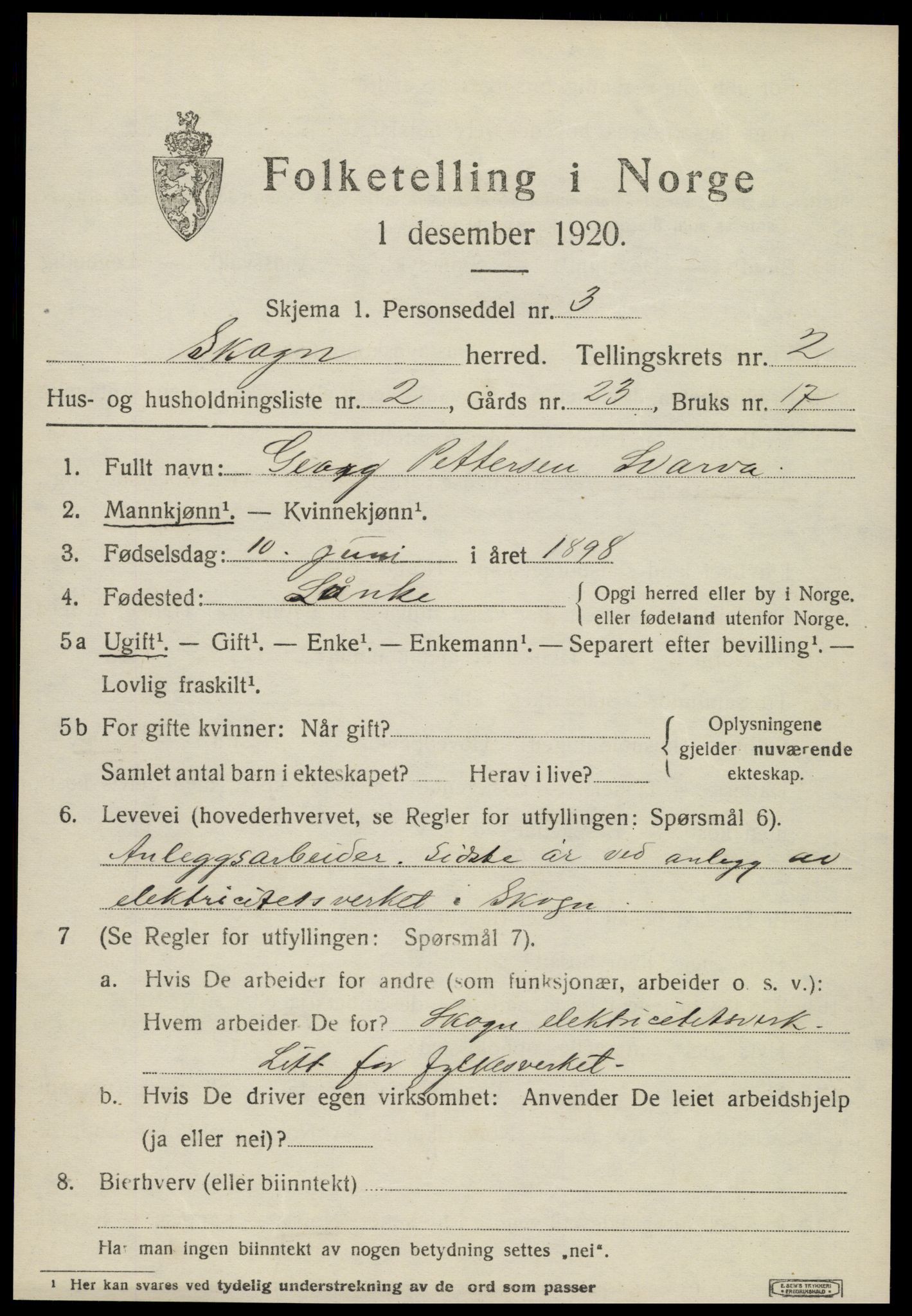 SAT, 1920 census for Skogn, 1920, p. 3039